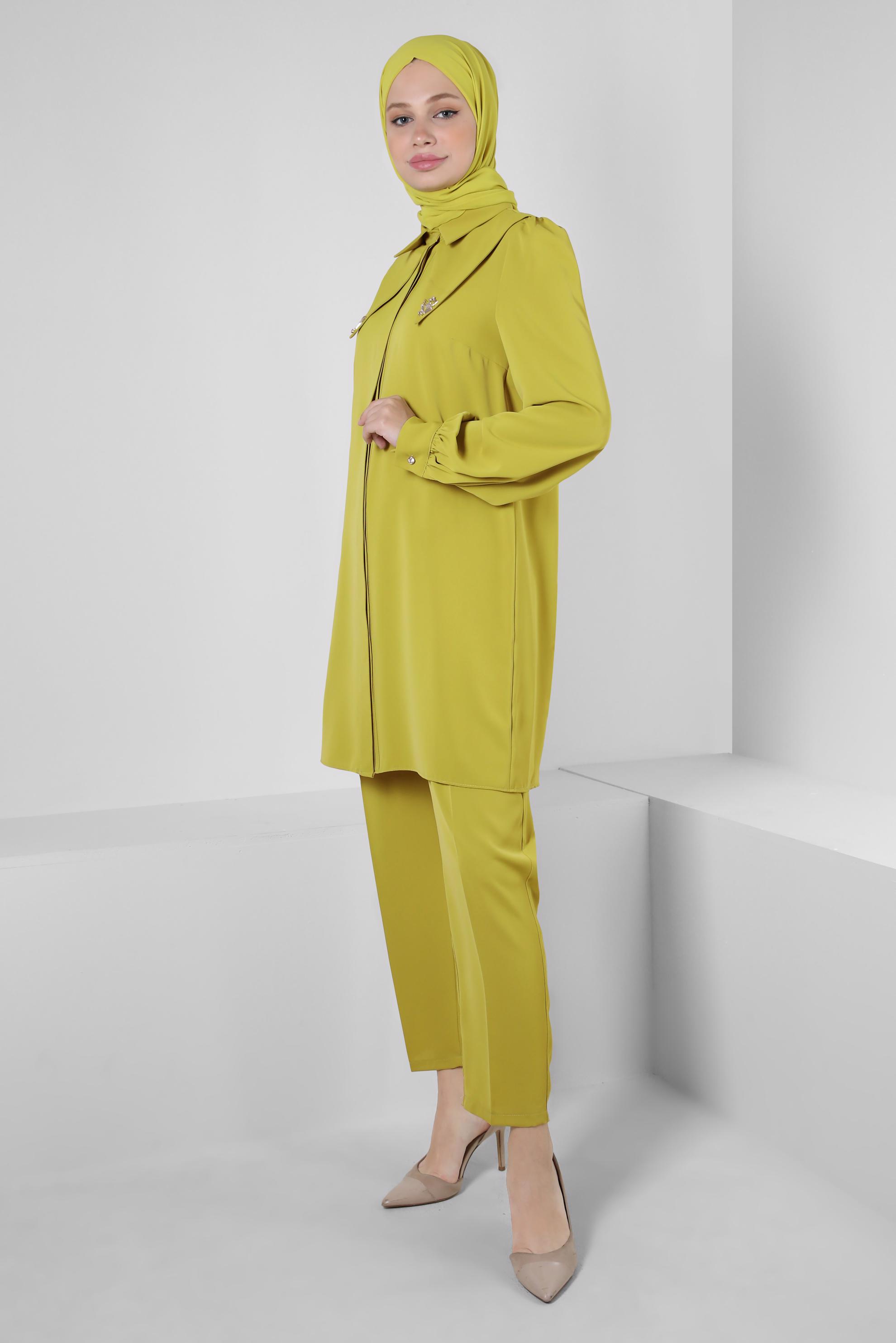 Tesettür giyim YEŞİL TAŞ DETAYLI BELİ LASTİKLİ İKİLİ PANTOLONLU TAKIM 43910