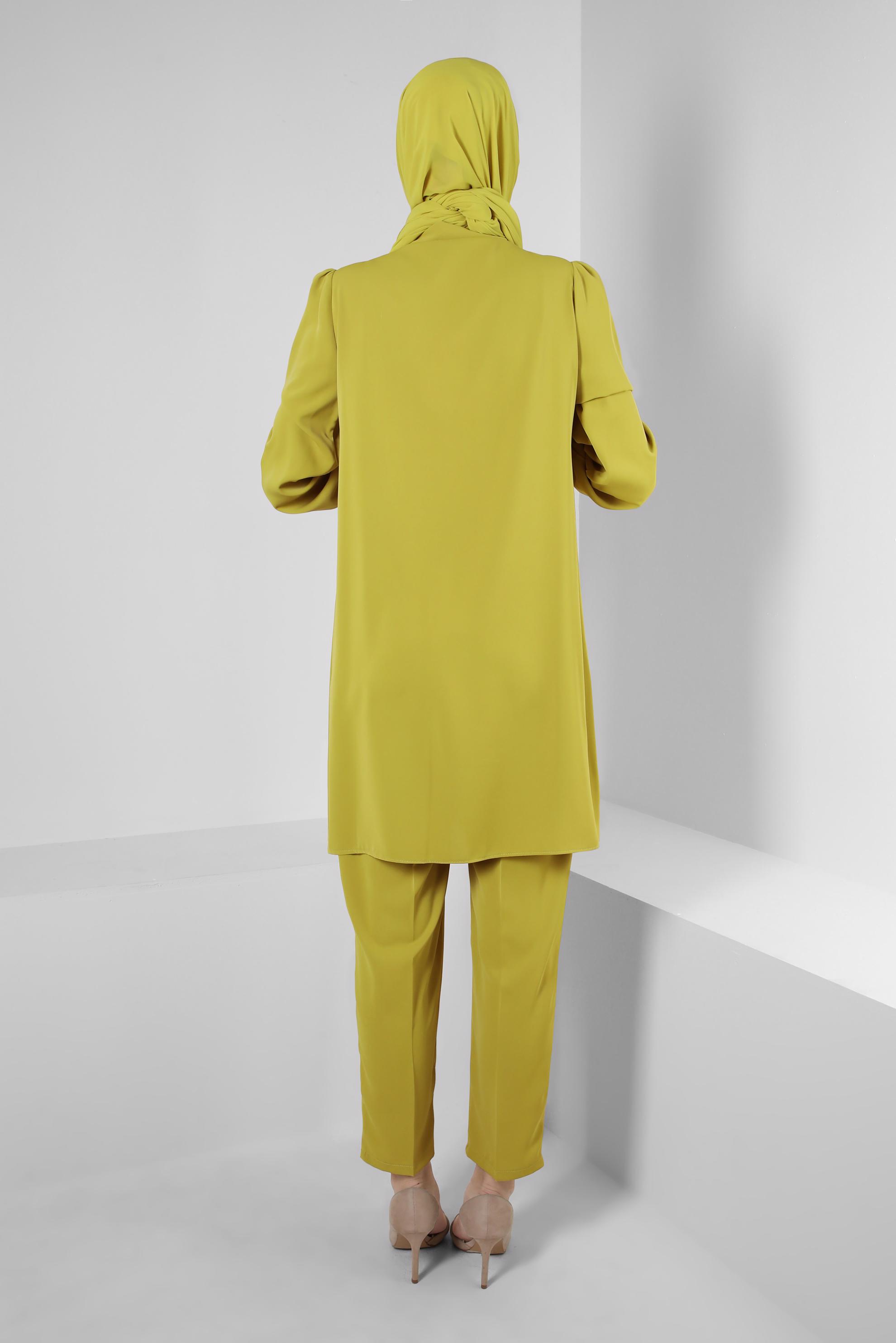 Tesettür giyim YEŞİL TAŞ DETAYLI BELİ LASTİKLİ İKİLİ PANTOLONLU TAKIM 43910