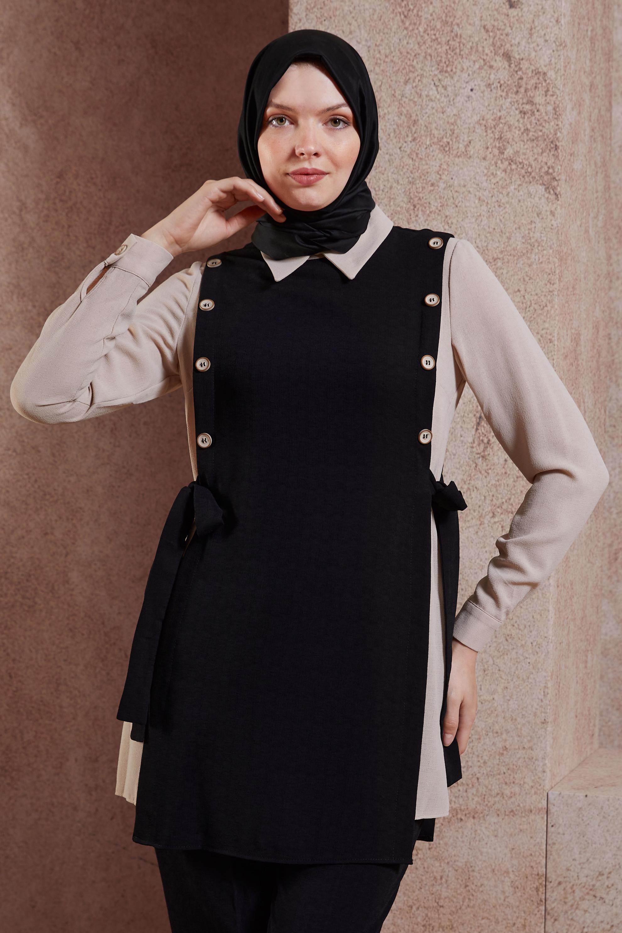 Tesettür giyim SİYAH GÖMLEK YAKA PANTOLONLU TAKIM 43923