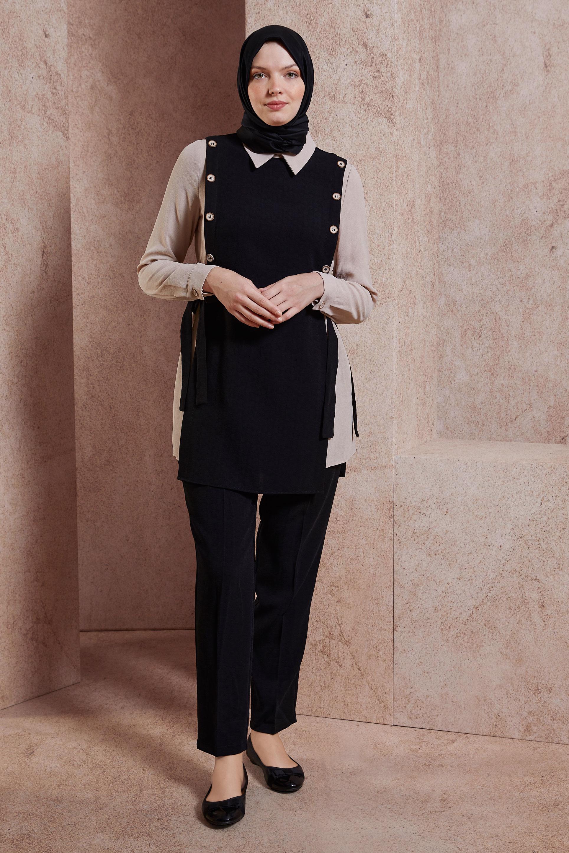 Tesettür giyim SİYAH GÖMLEK YAKA PANTOLONLU TAKIM 43923