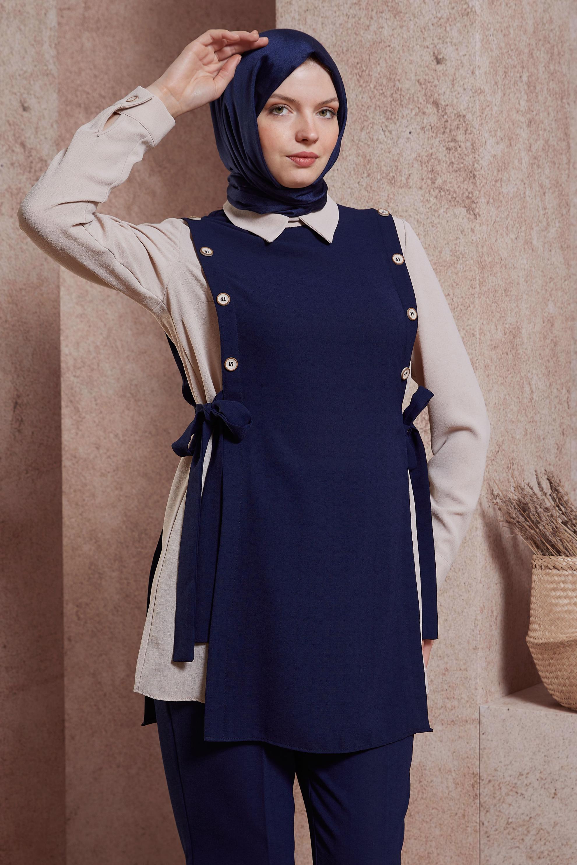 Tesettür giyim LACİVERT GÖMLEK YAKA PANTOLONLU TAKIM 43923