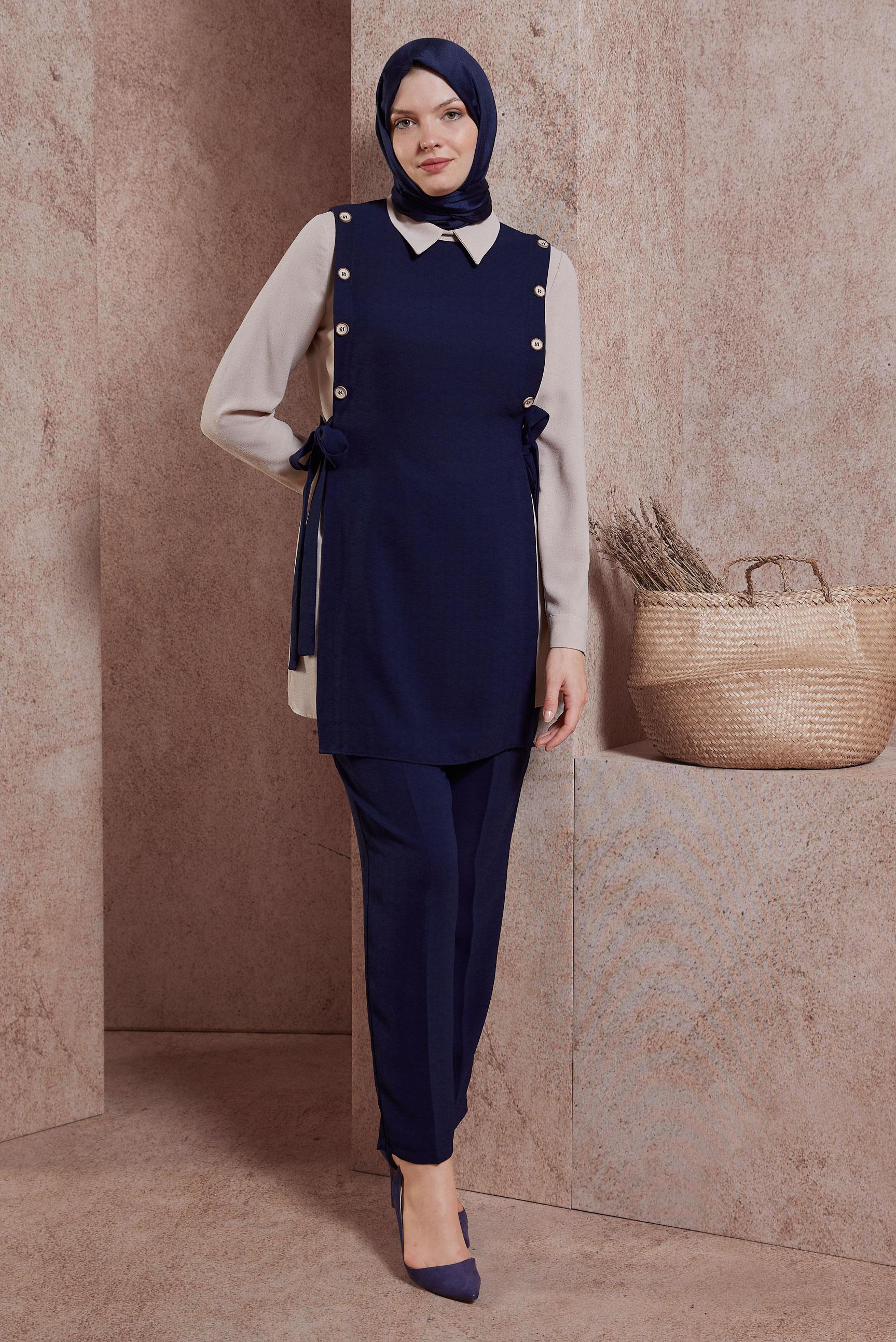 Tesettür giyim LACİVERT GÖMLEK YAKA PANTOLONLU TAKIM 43923