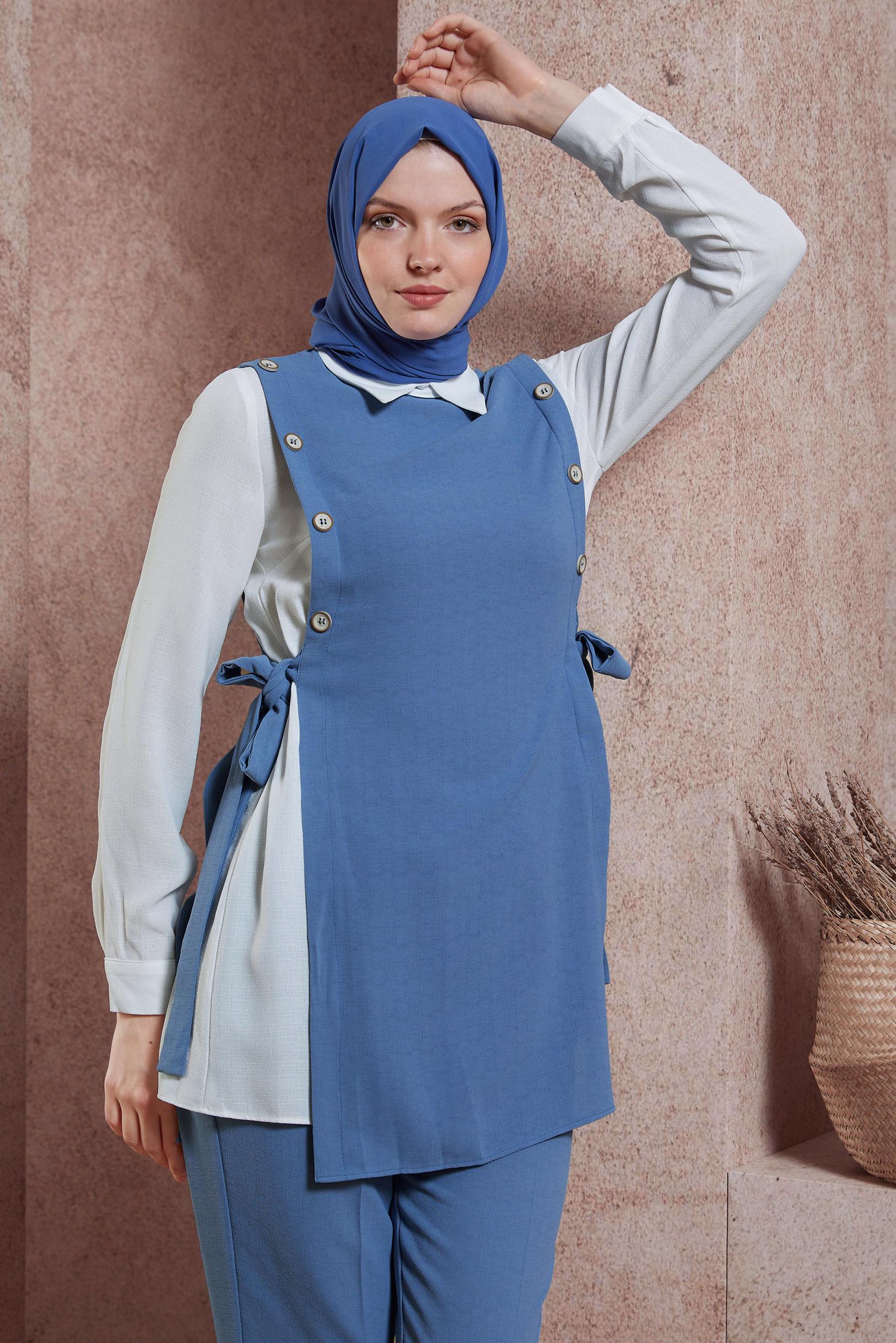 Tesettür giyim MAVİ GÖMLEK YAKA PANTOLONLU TAKIM 43923