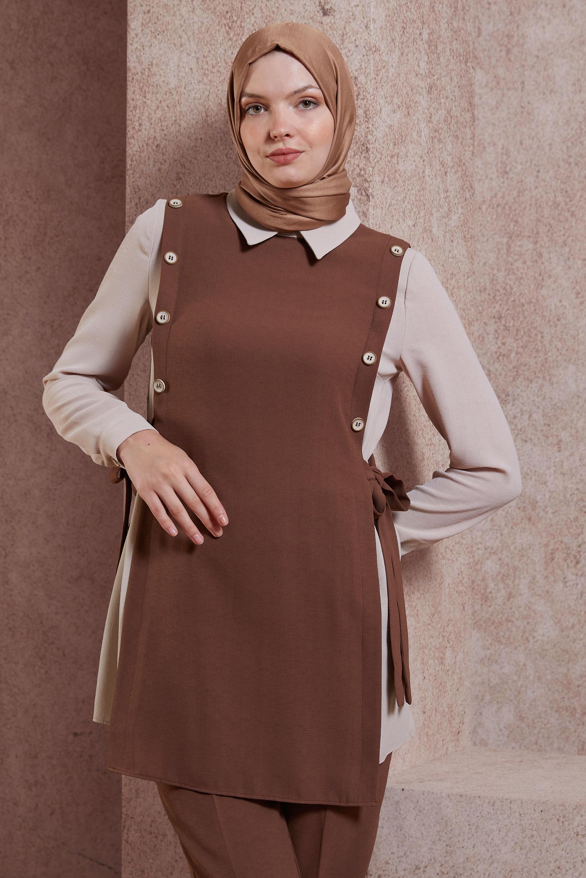 Tesettür giyim KAHVE GÖMLEK YAKA PANTOLONLU TAKIM 43923