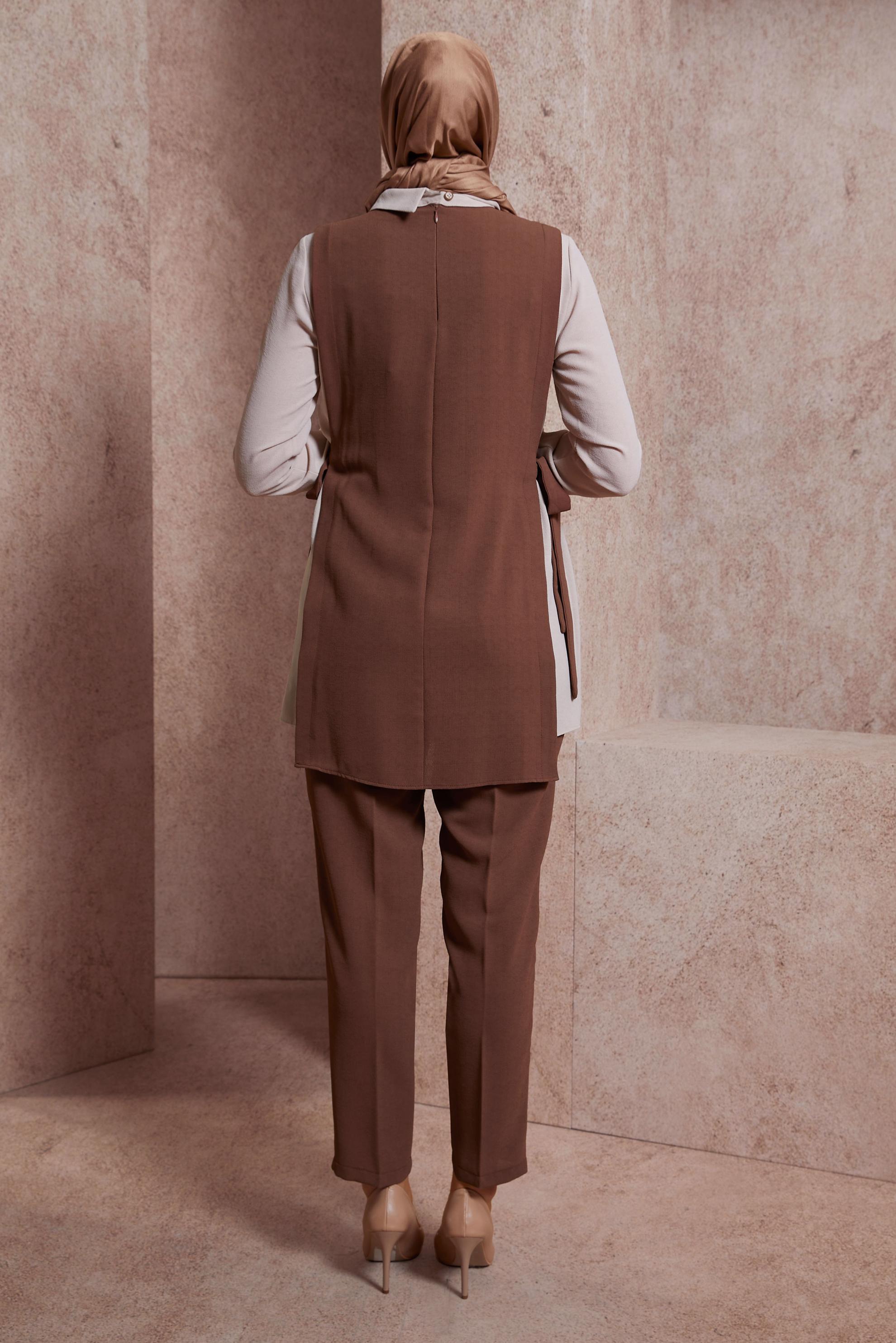 Tesettür giyim KAHVE GÖMLEK YAKA PANTOLONLU TAKIM 43923