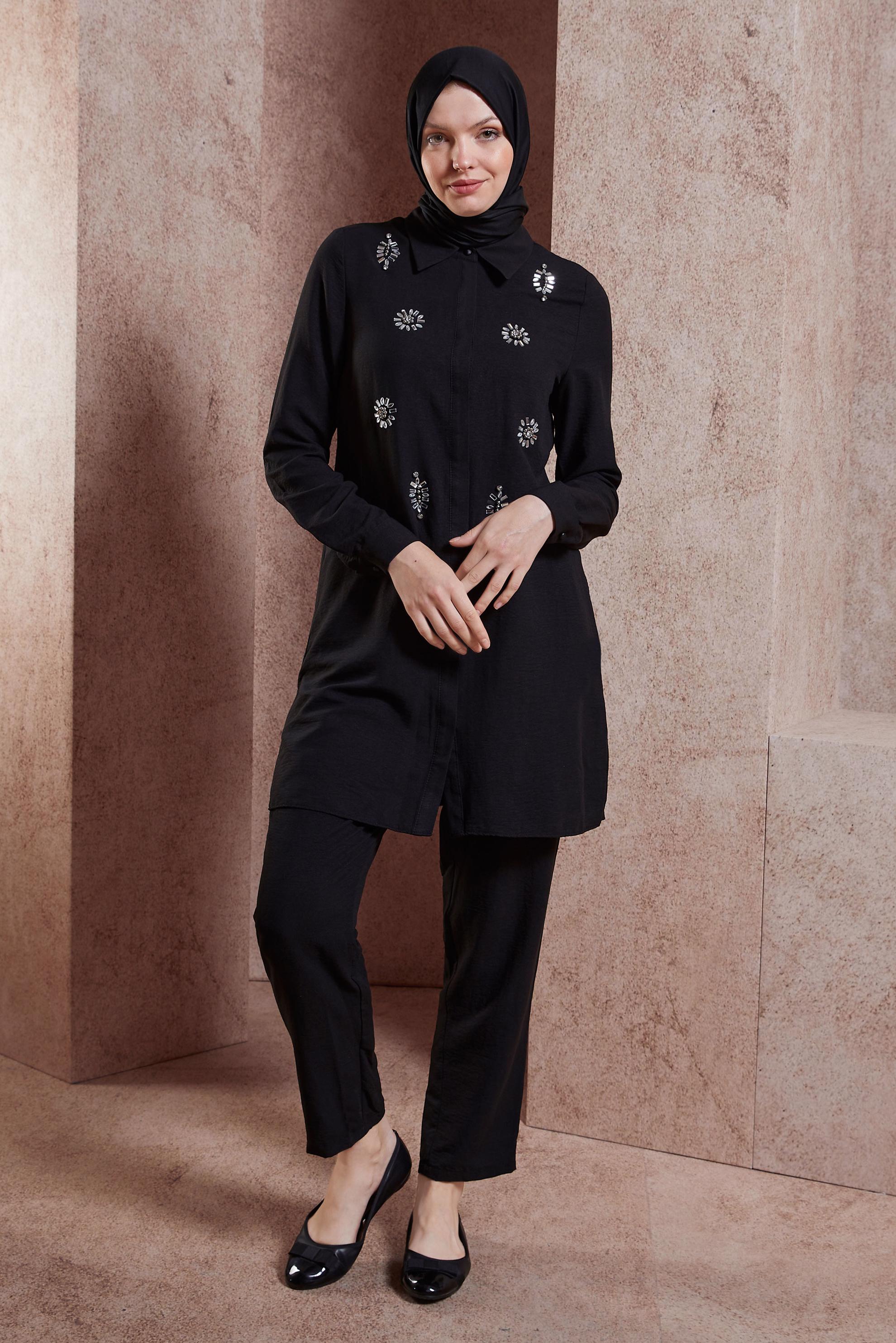 Vêtements hijab NOIR TAILLEUR PANTALON AVEC GEMME 43935