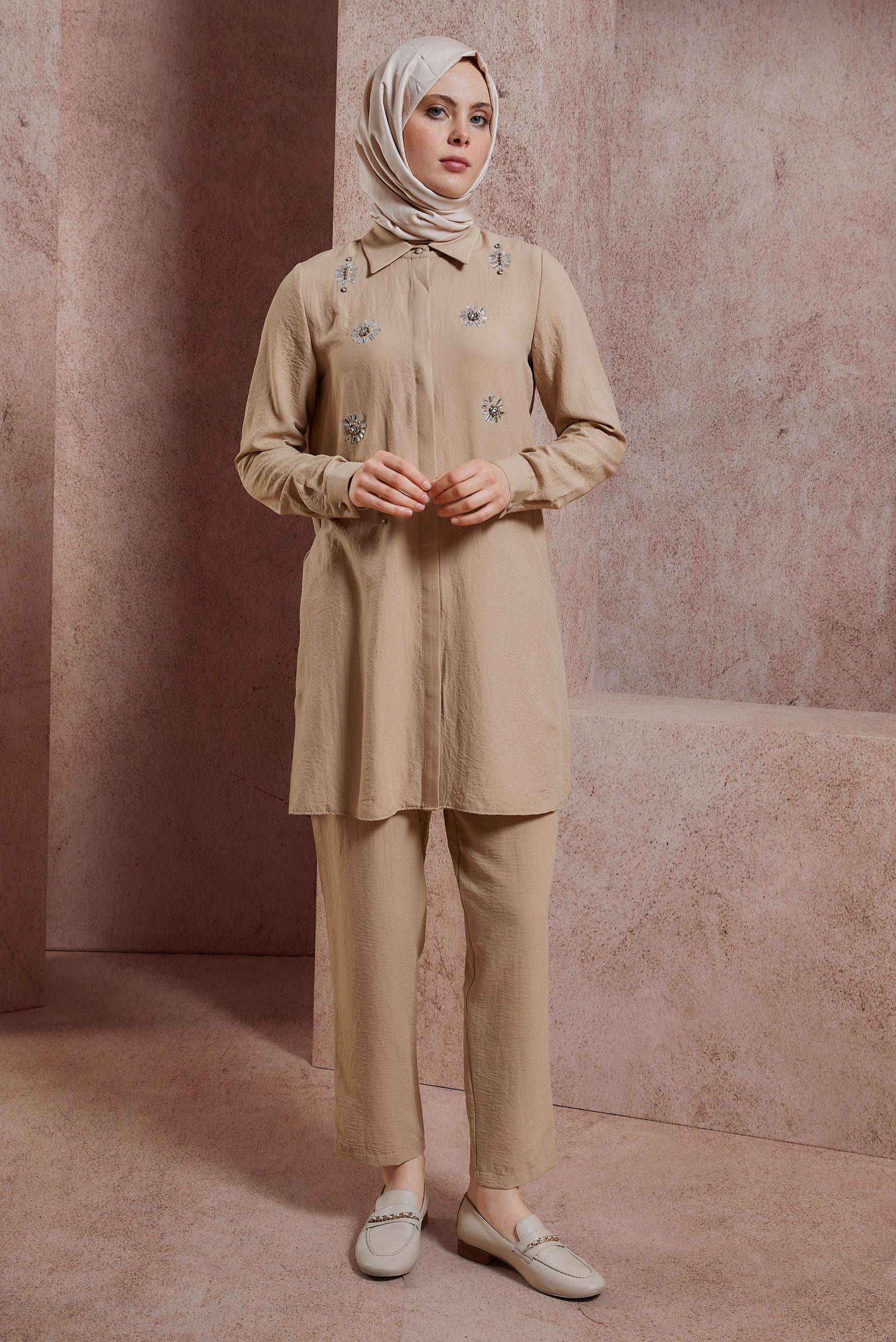 Tesettür giyim BEJ TAŞ BASKILI PANTOLONLU TAKIM 43935