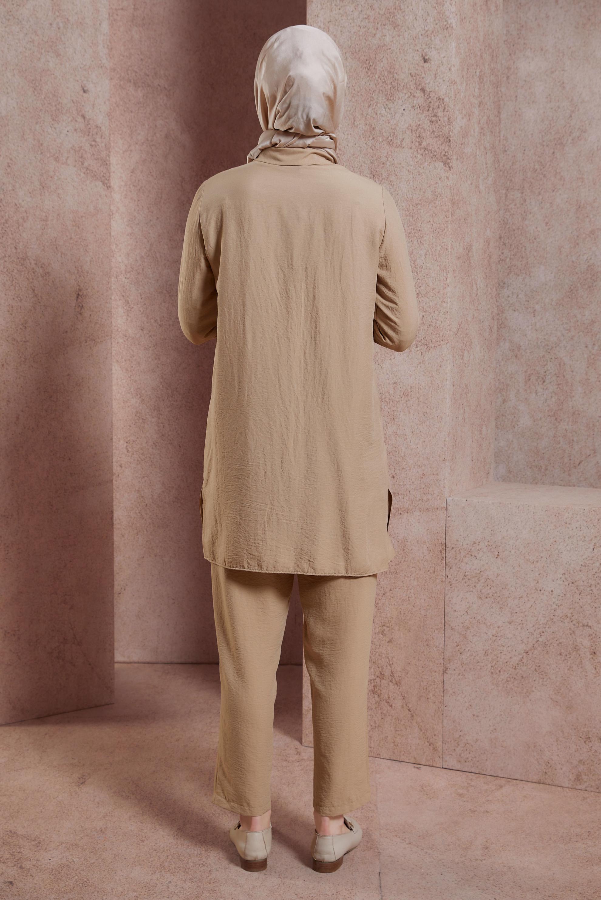 Tesettür giyim BEJ TAŞ BASKILI PANTOLONLU TAKIM 43935