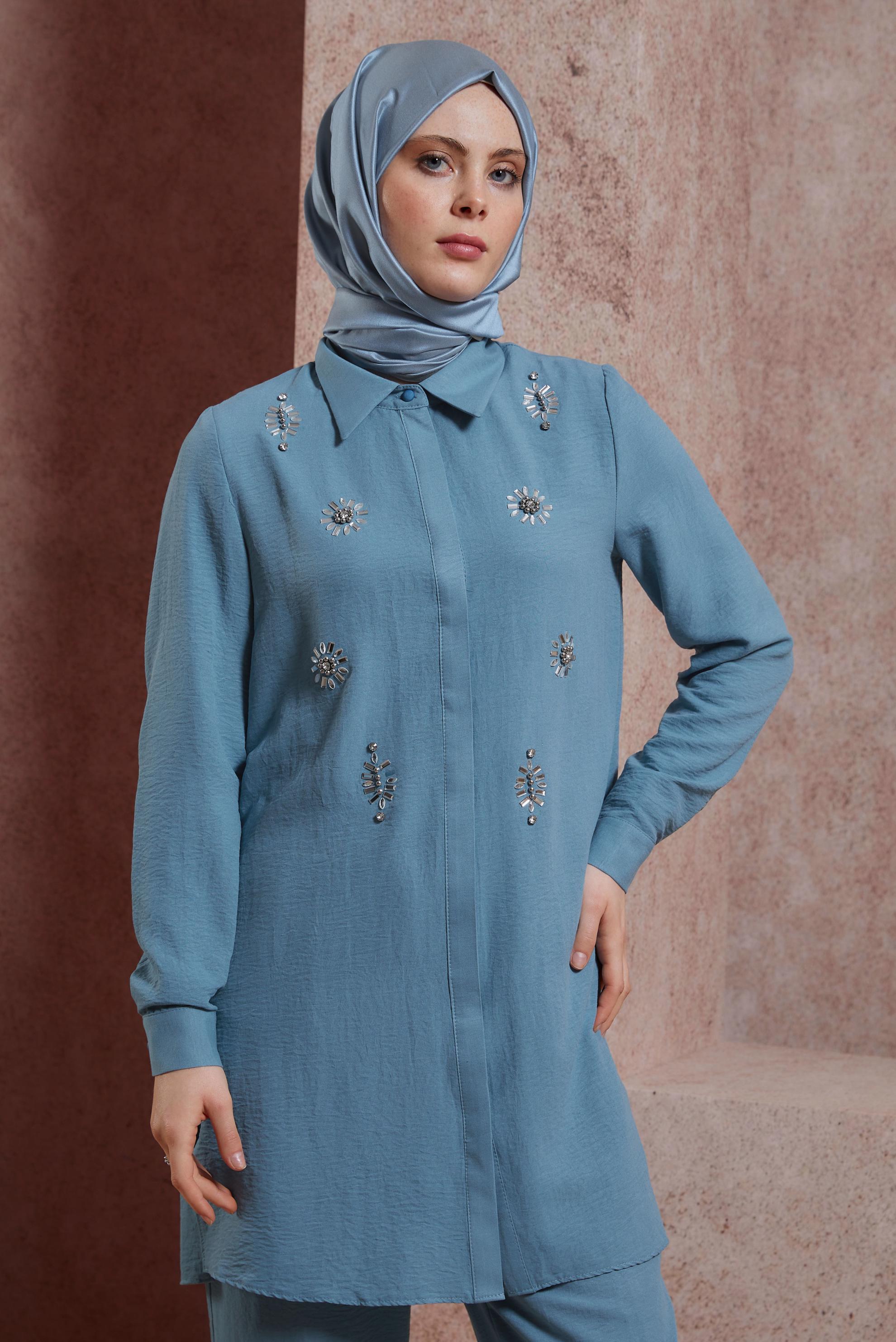 Tesettür giyim MAVİ TAŞ BASKILI PANTOLONLU TAKIM 43935