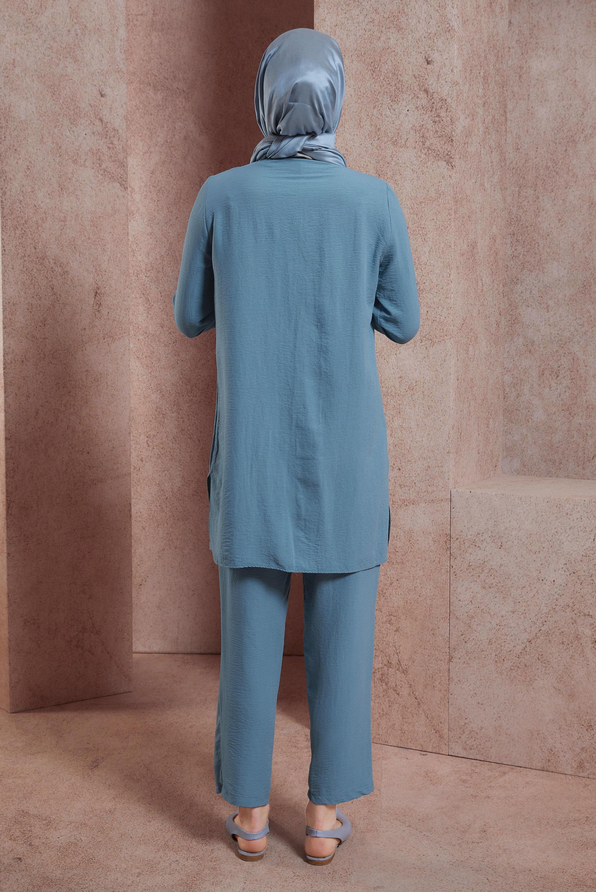 Tesettür giyim MAVİ TAŞ BASKILI PANTOLONLU TAKIM 43935