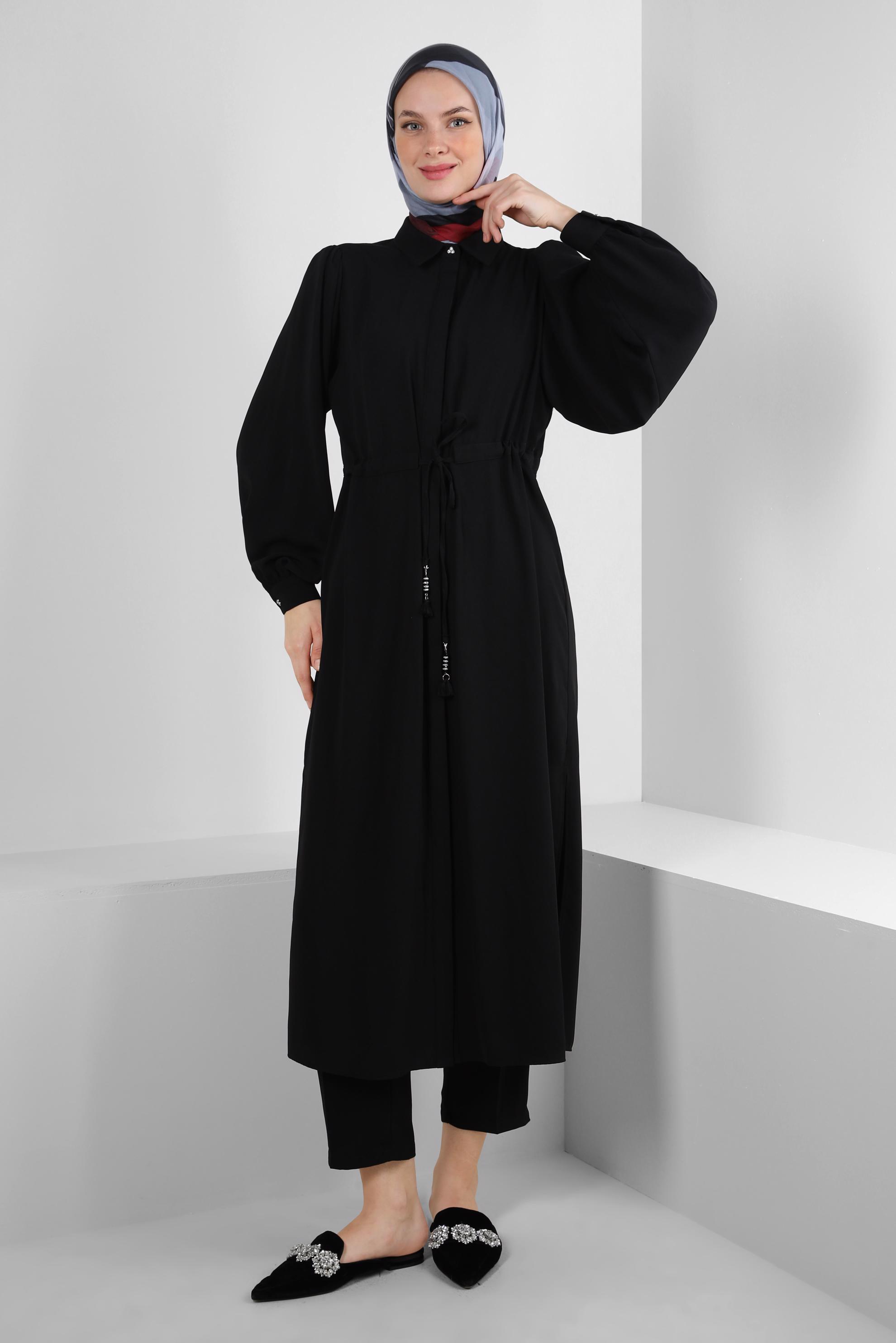 Tesettür giyim SİYAH BALON KOL BELİ BÜZGÜLÜ PANTOLONLU TAKIM 43819