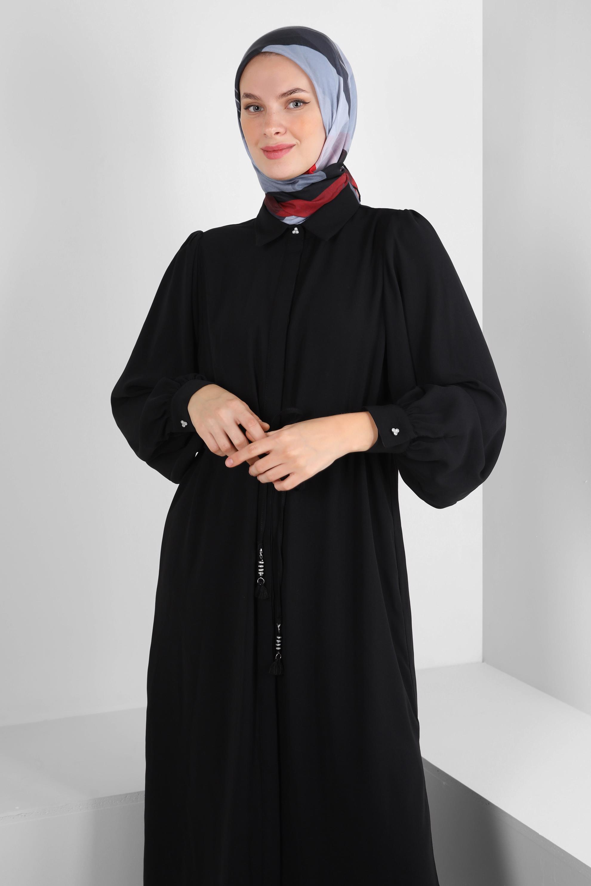 Tesettür giyim SİYAH BALON KOL BELİ BÜZGÜLÜ PANTOLONLU TAKIM 43819