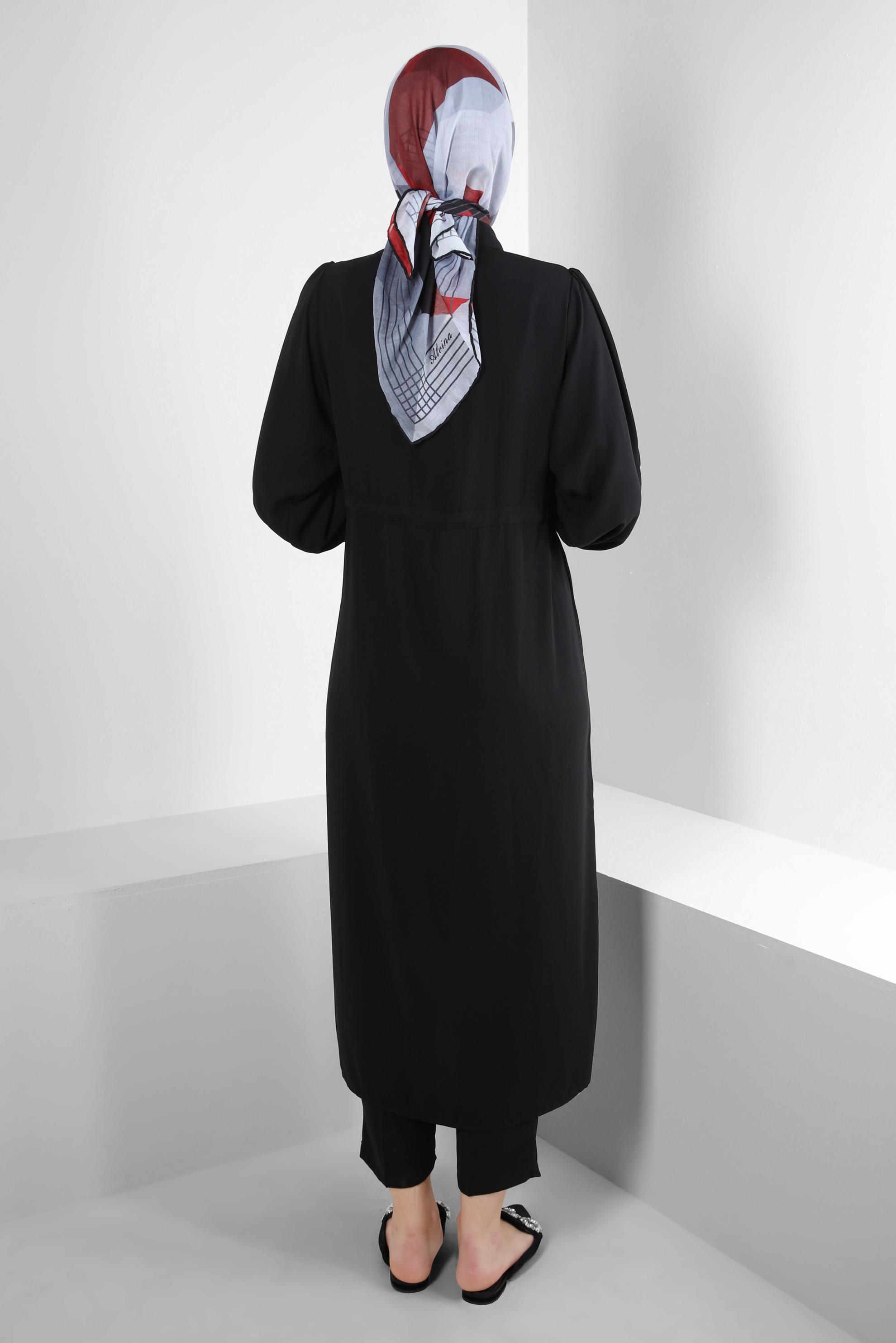 Tesettür giyim SİYAH BALON KOL BELİ BÜZGÜLÜ PANTOLONLU TAKIM 43819