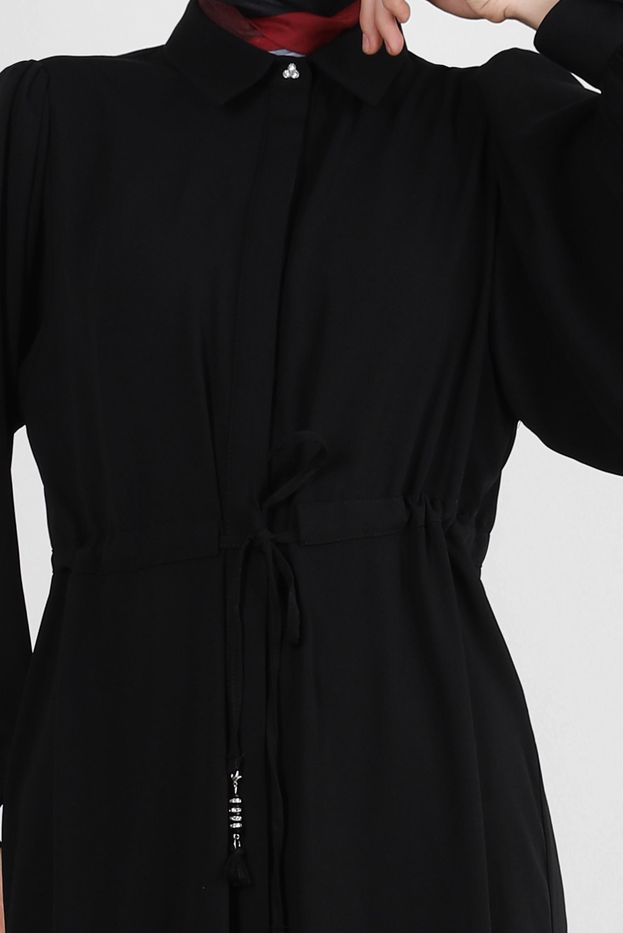 Tesettür giyim SİYAH BALON KOL BELİ BÜZGÜLÜ PANTOLONLU TAKIM 43819