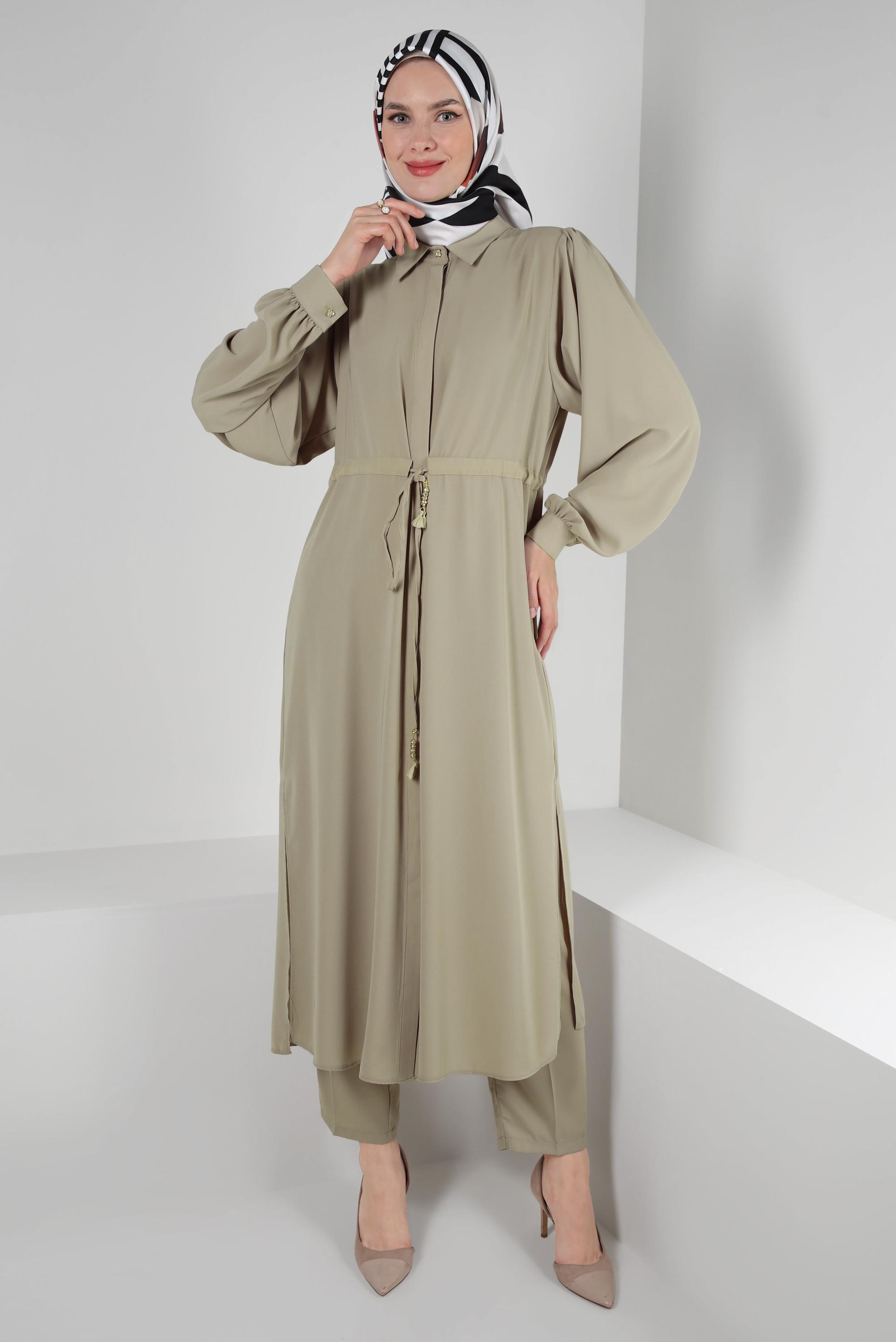 Tesettür giyim VİZON BALON KOL BELİ BÜZGÜLÜ PANTOLONLU TAKIM 43819