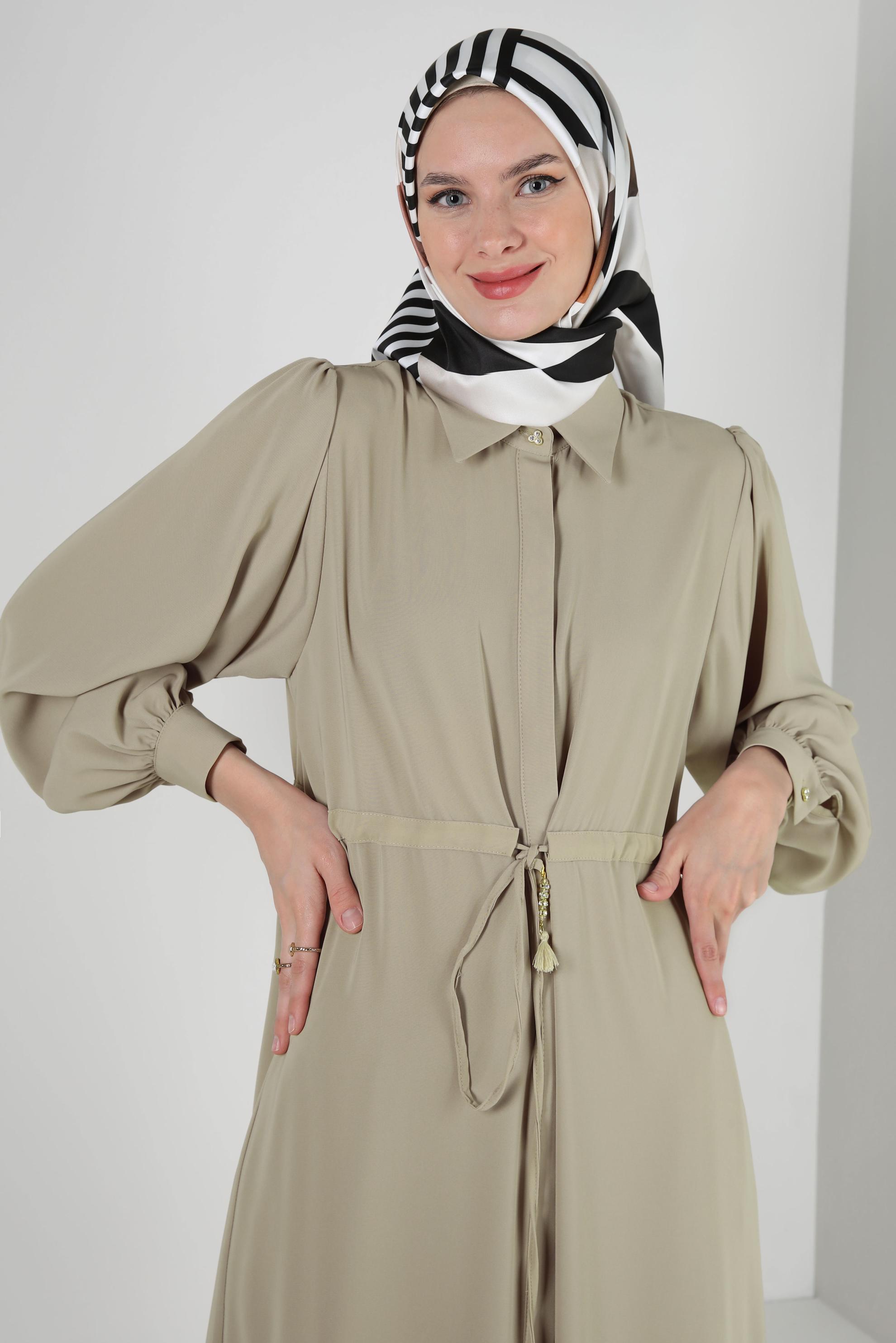 Tesettür giyim VİZON BALON KOL BELİ BÜZGÜLÜ PANTOLONLU TAKIM 43819