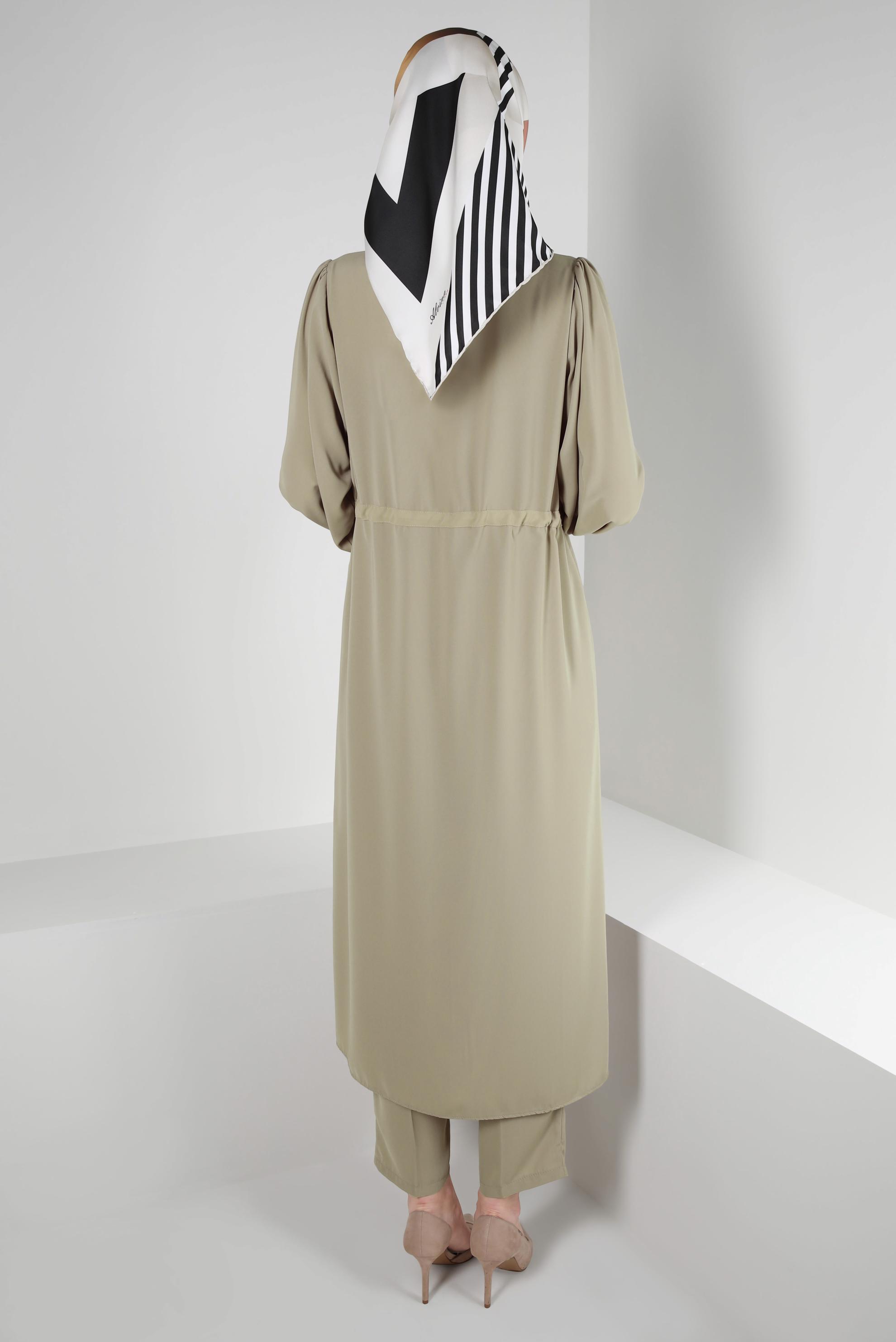 Tesettür giyim VİZON BALON KOL BELİ BÜZGÜLÜ PANTOLONLU TAKIM 43819