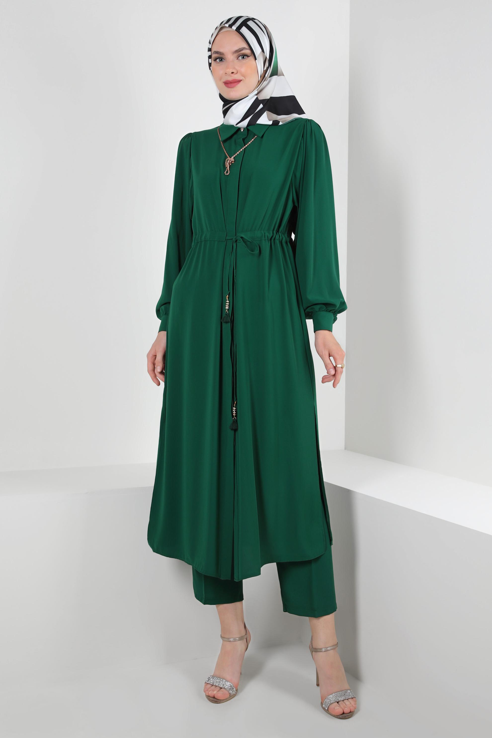 Tesettür giyim YEŞİL BALON KOL BELİ BÜZGÜLÜ PANTOLONLU TAKIM 43819