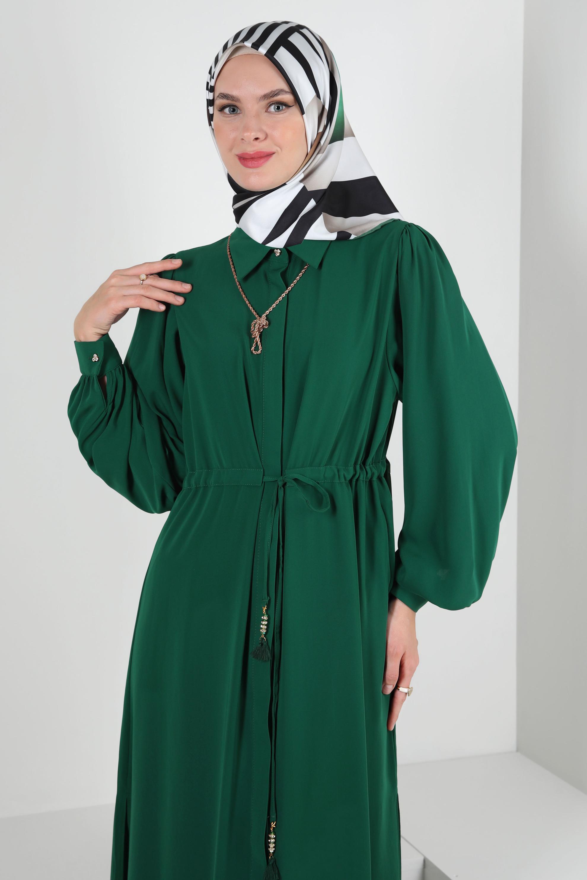 Tesettür giyim YEŞİL BALON KOL BELİ BÜZGÜLÜ PANTOLONLU TAKIM 43819