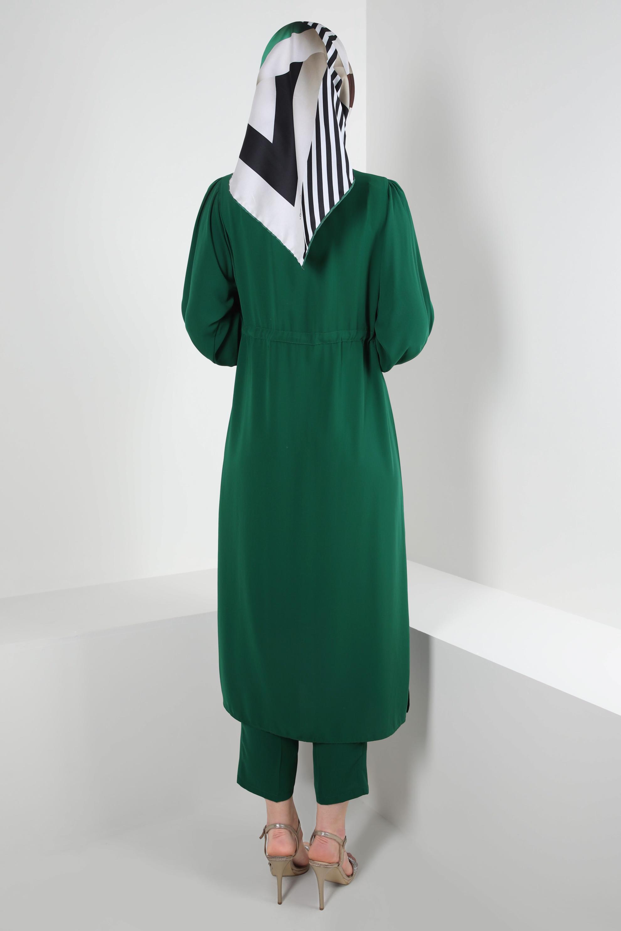 Tesettür giyim YEŞİL BALON KOL BELİ BÜZGÜLÜ PANTOLONLU TAKIM 43819