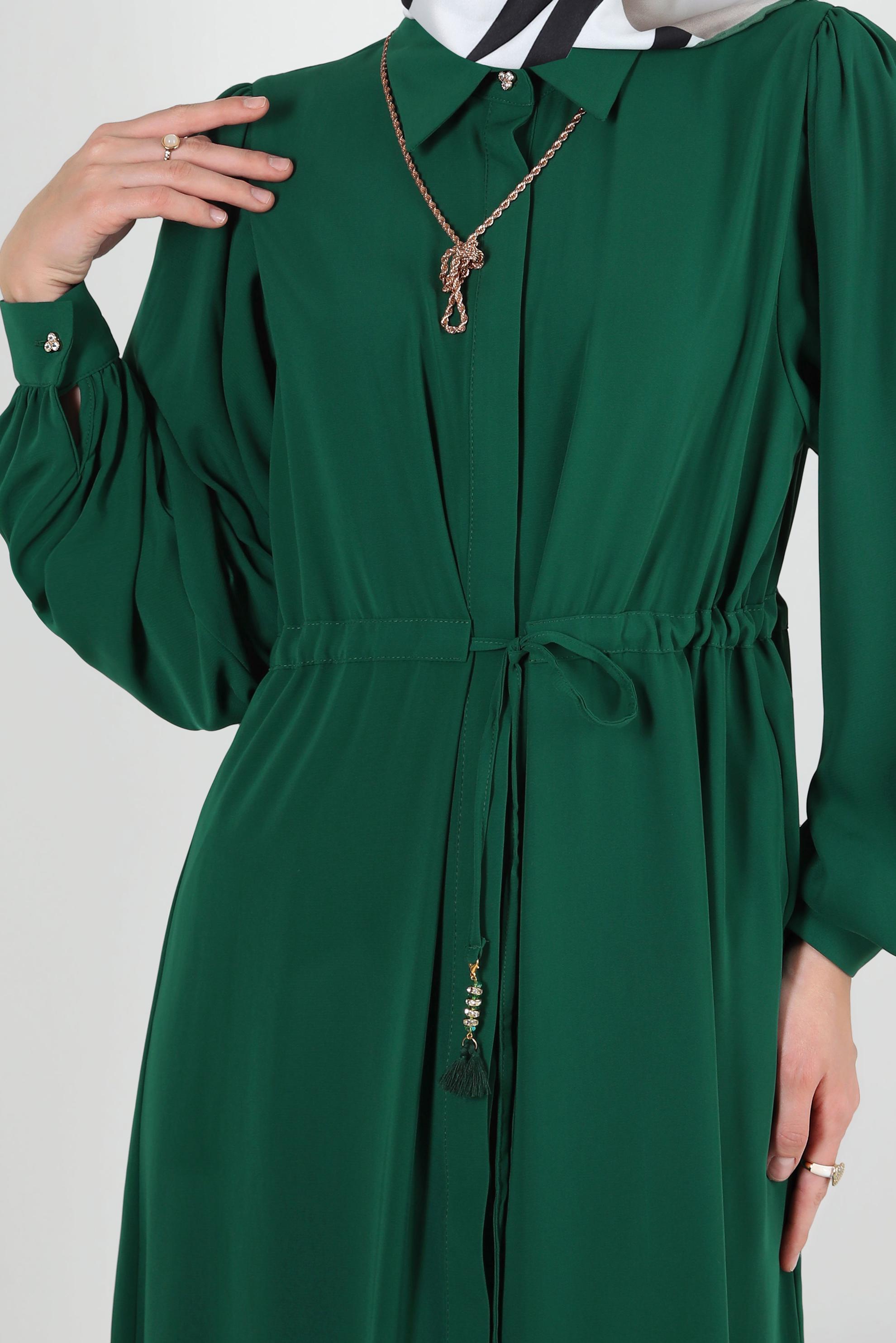 Tesettür giyim YEŞİL BALON KOL BELİ BÜZGÜLÜ PANTOLONLU TAKIM 43819