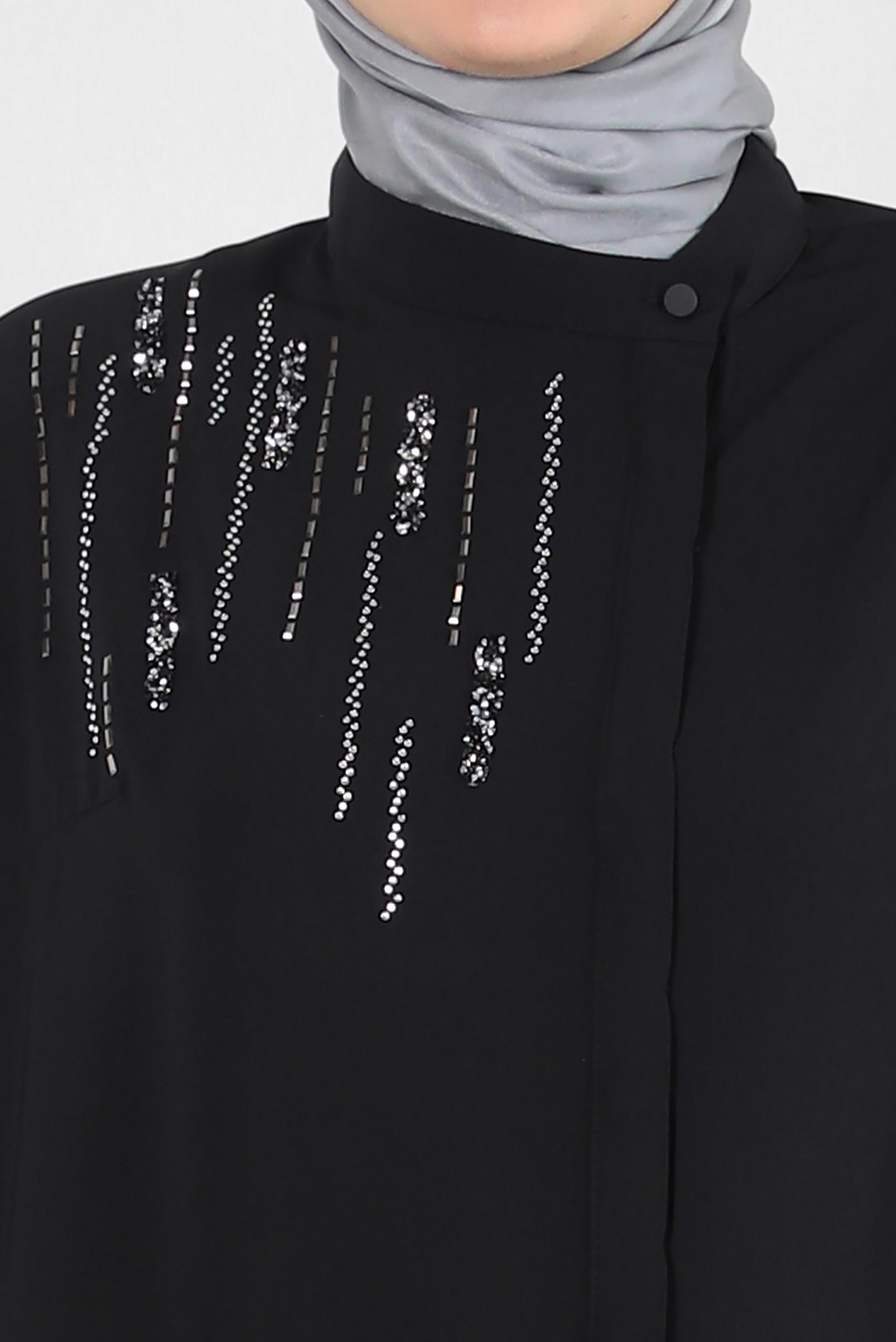 Tesettür giyim SİYAH GİZLİ DÜĞMELİ TAŞ DETAYLI TUNİK 20359