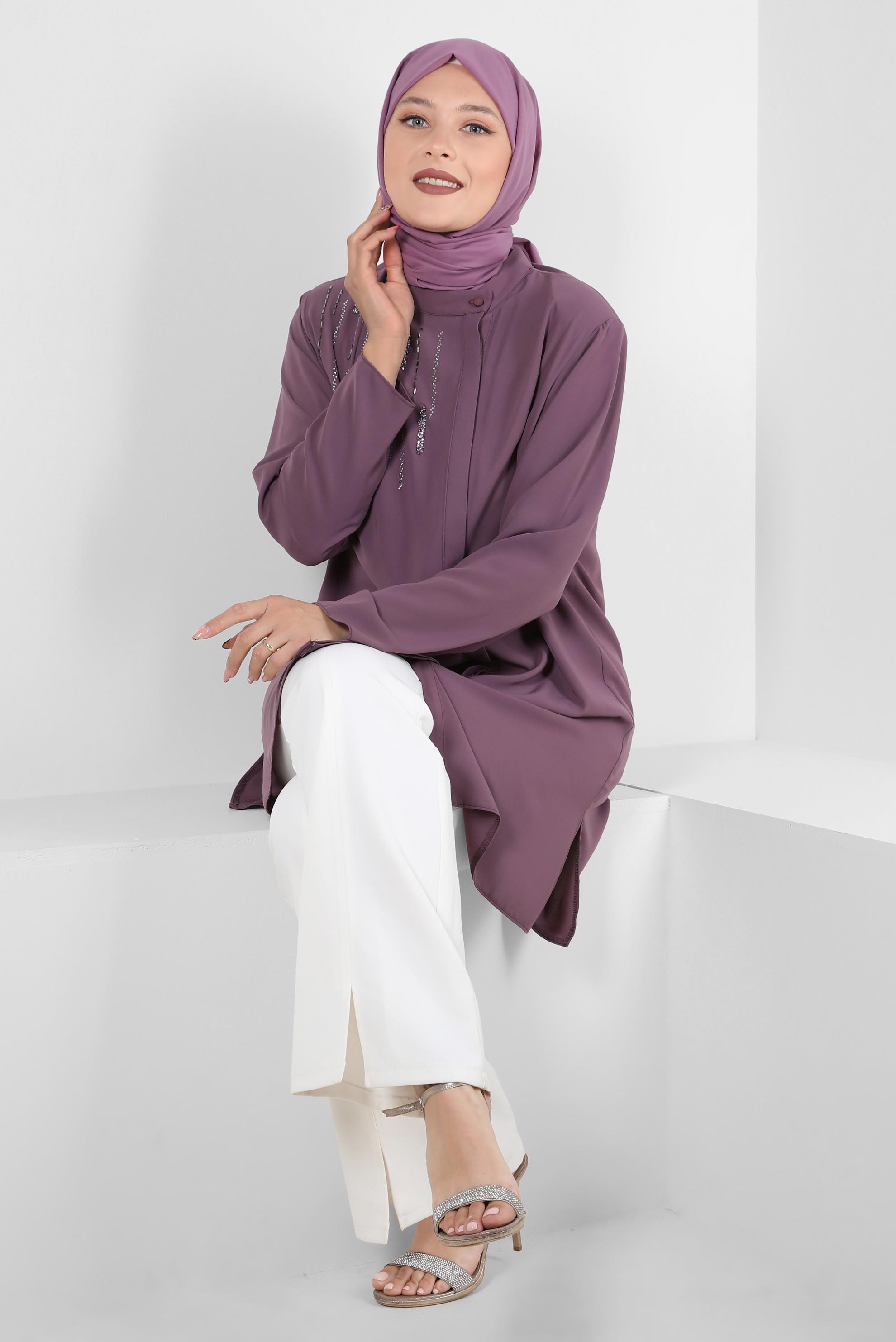 Tesettür giyim MOR GİZLİ DÜĞMELİ TAŞ DETAYLI TUNİK 20359