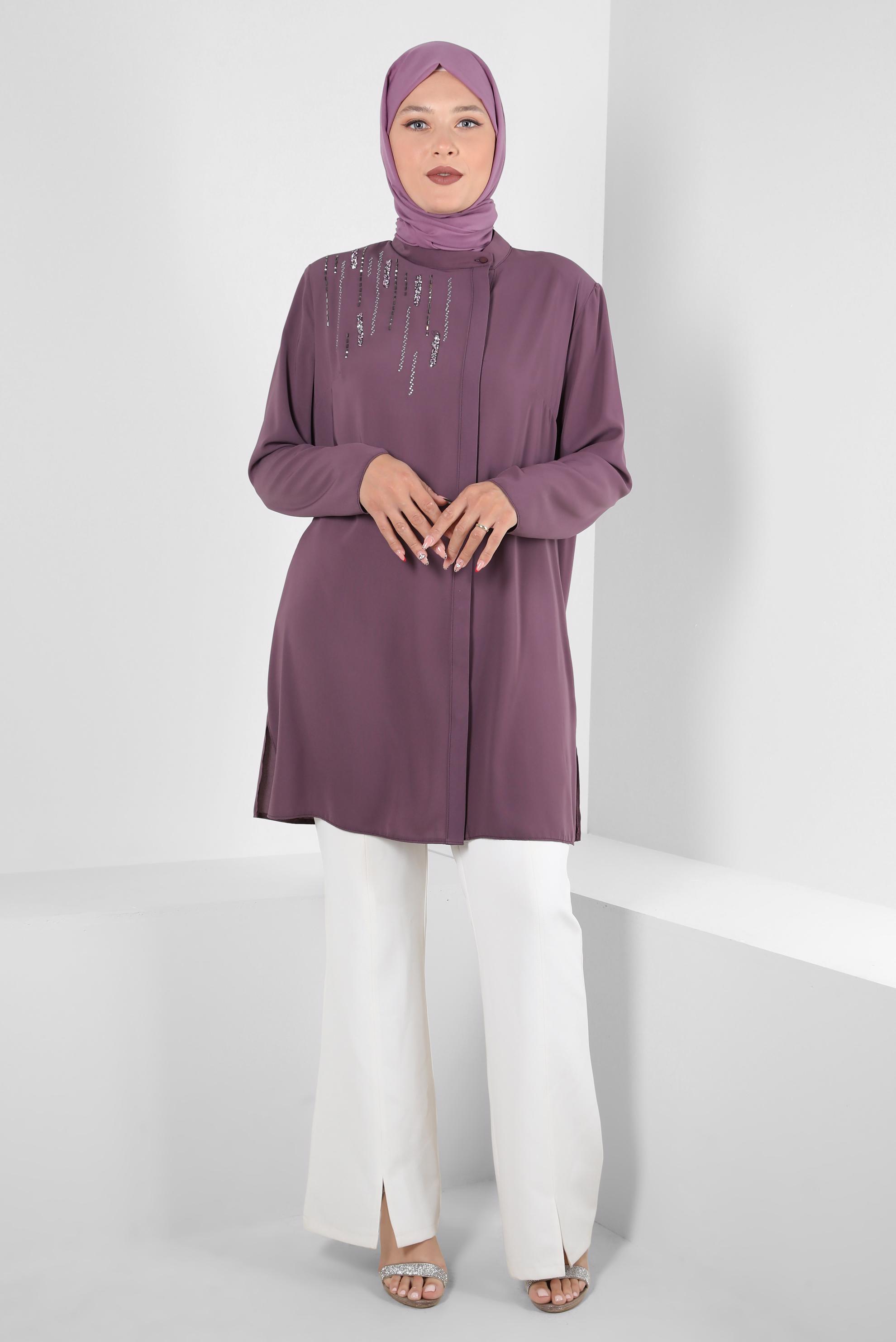 Tesettür giyim MOR GİZLİ DÜĞMELİ TAŞ DETAYLI TUNİK 20359