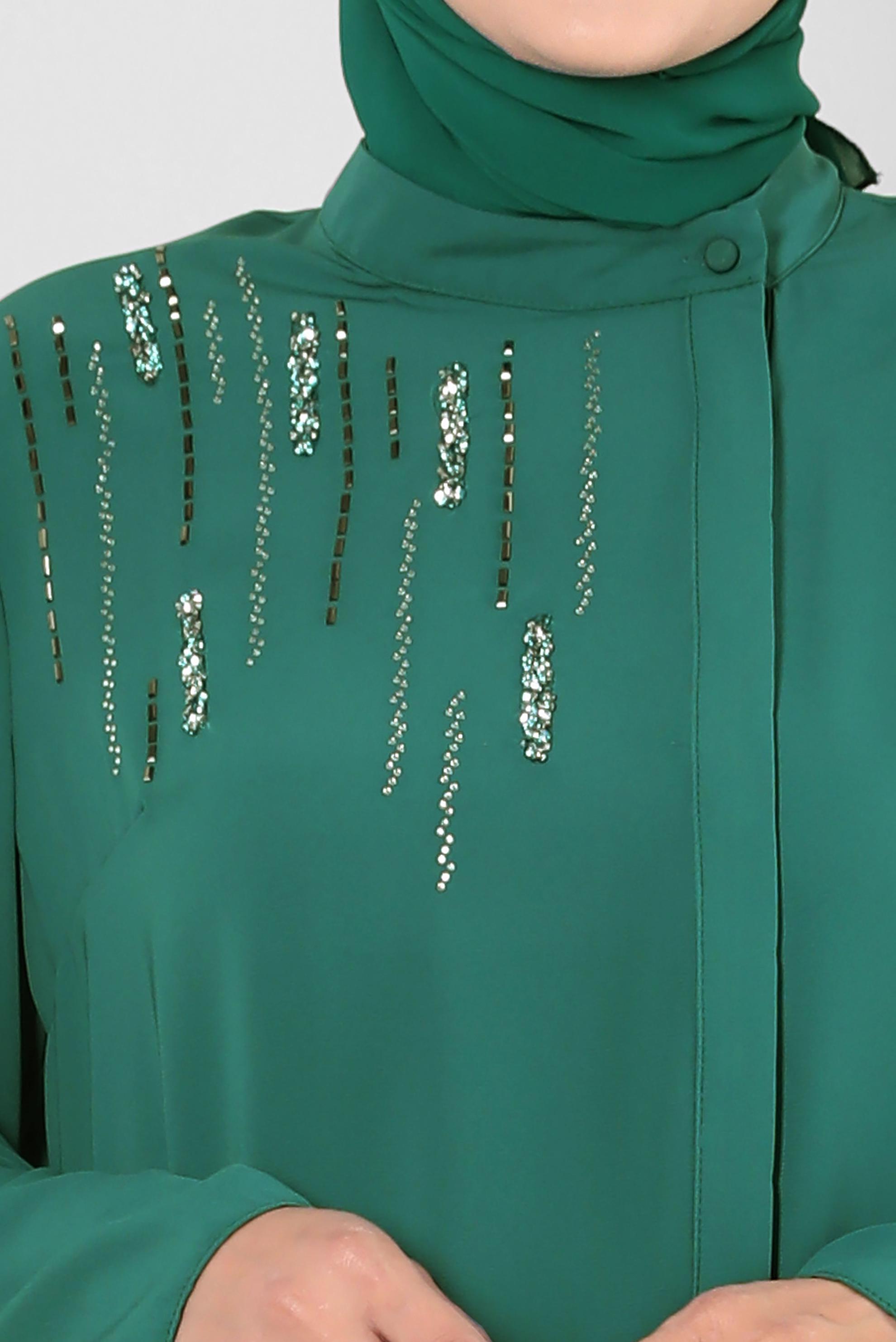 Tesettür giyim YEŞİL GİZLİ DÜĞMELİ TAŞ DETAYLI TUNİK 20359