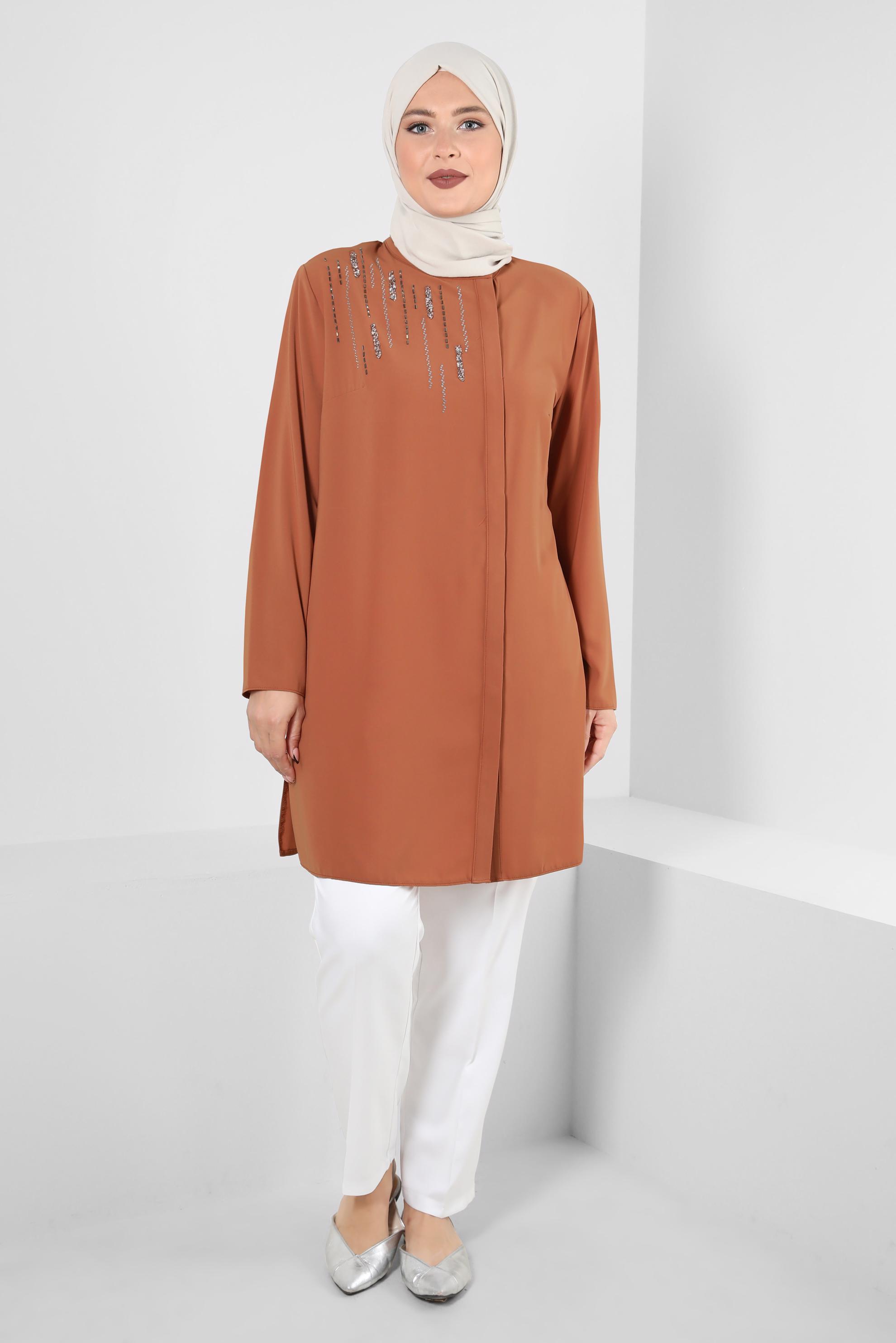 Tesettür giyim KAHVE GİZLİ DÜĞMELİ TAŞ DETAYLI TUNİK 20359