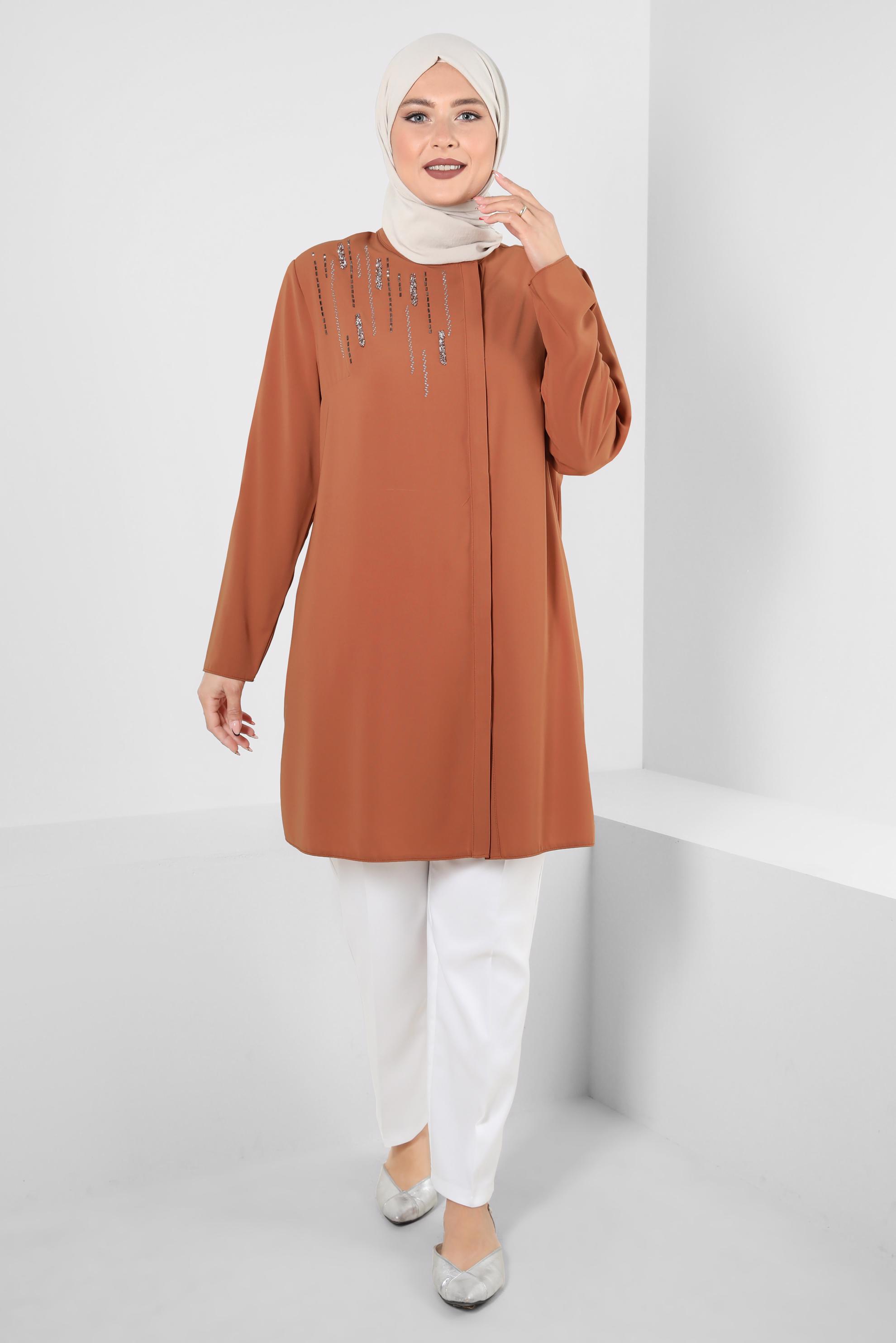 Tesettür giyim KAHVE GİZLİ DÜĞMELİ TAŞ DETAYLI TUNİK 20359