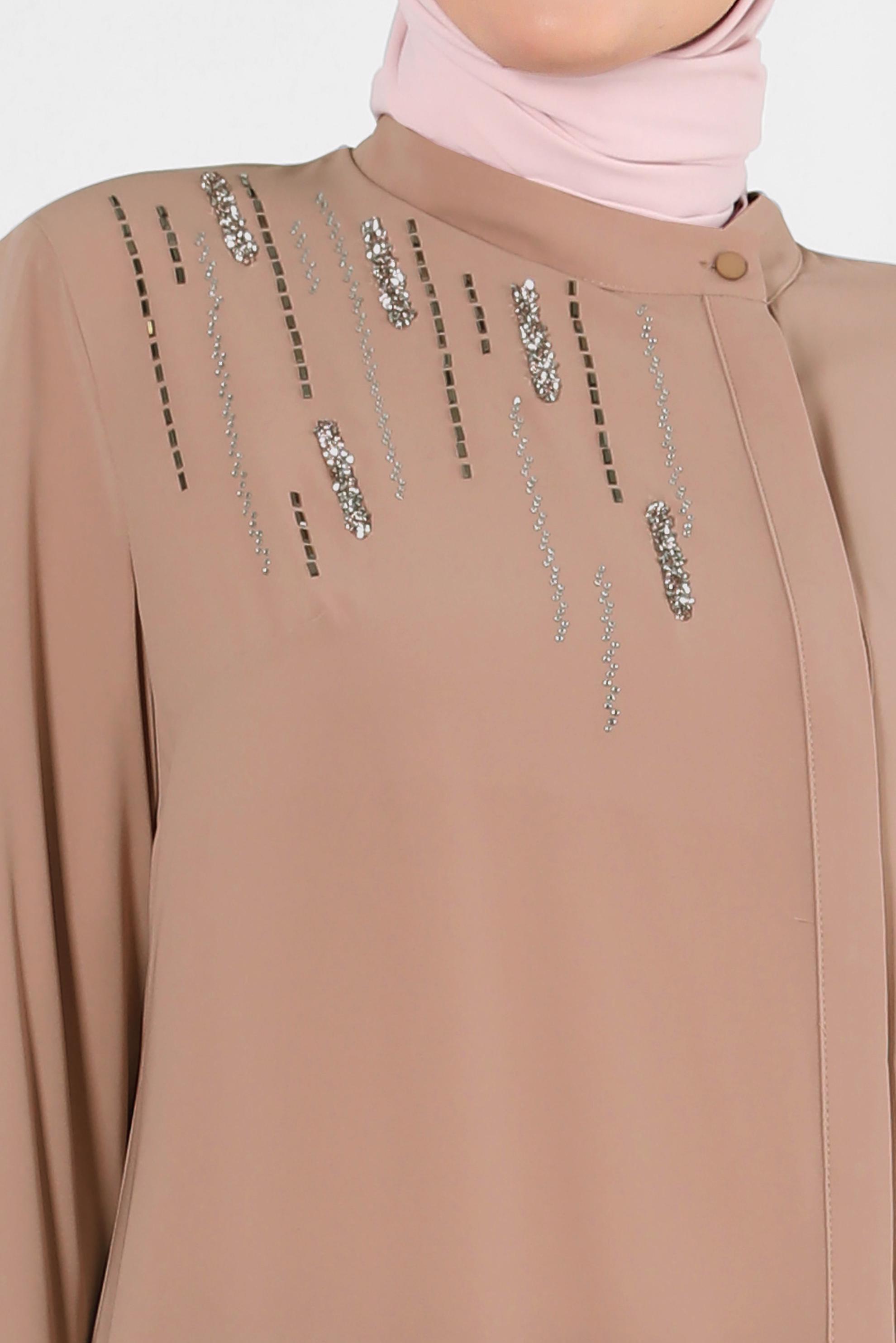 Tesettür giyim BEJ GİZLİ DÜĞMELİ TAŞ DETAYLI TUNİK 20359