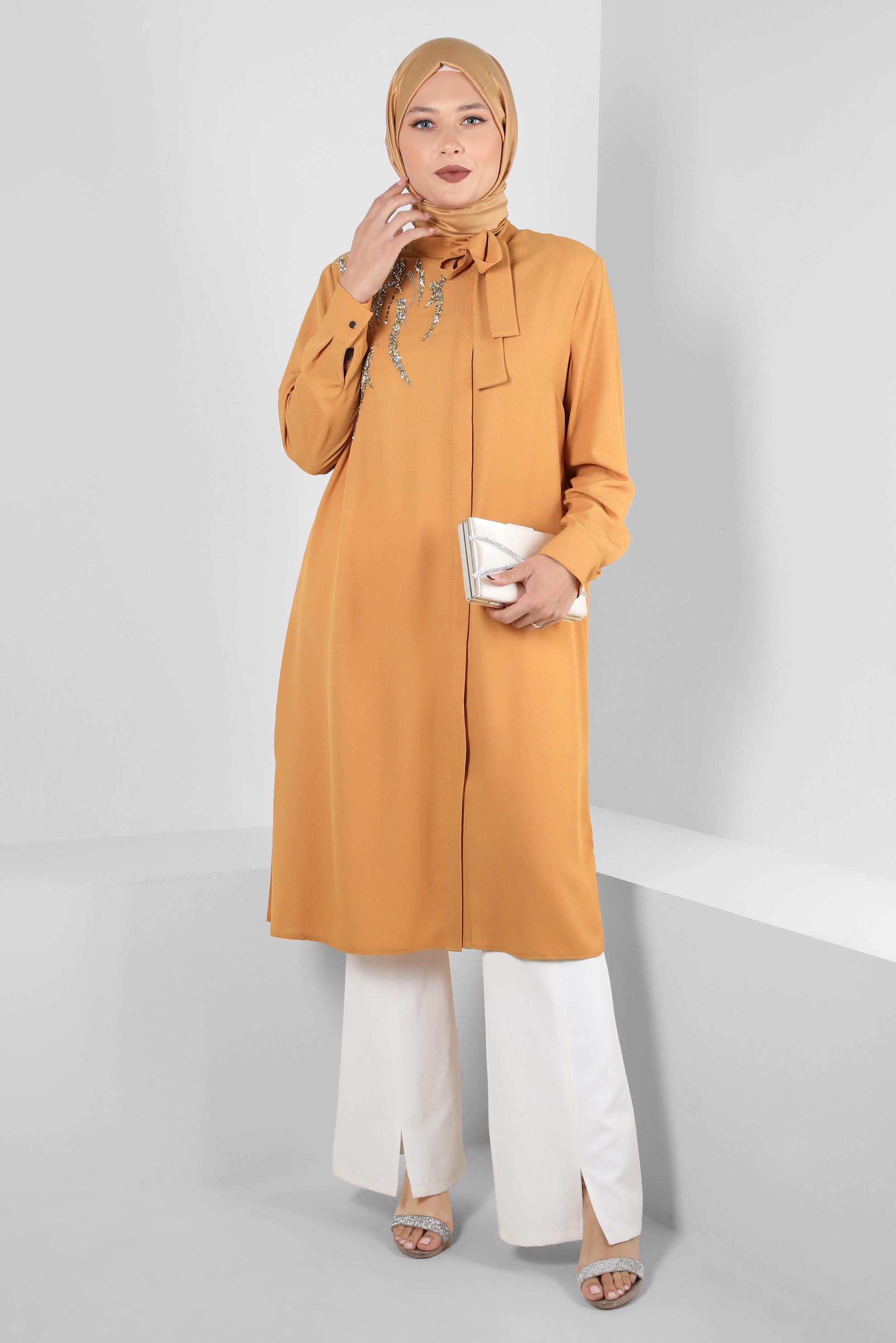 Tesettür giyim SARI GİZLİ DÜĞMELİ TAŞ BASKILI TUNİK 20386