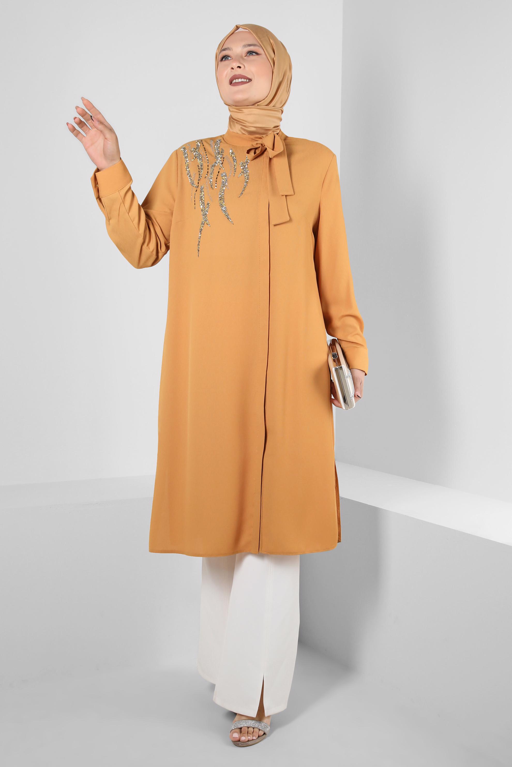 Tesettür giyim SARI GİZLİ DÜĞMELİ TAŞ BASKILI TUNİK 20386