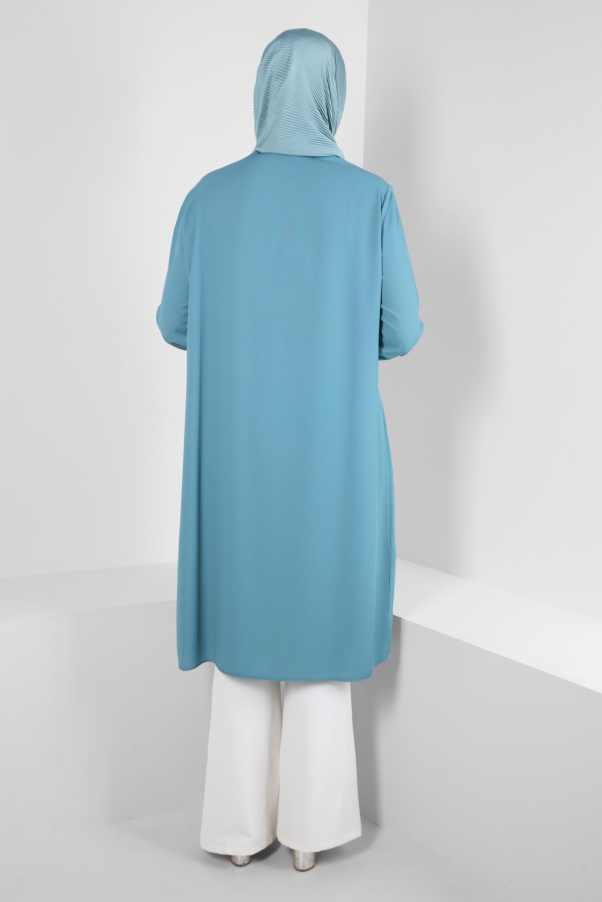 Tesettür giyim MAVİ GİZLİ DÜĞMELİ TAŞ BASKILI TUNİK 20386