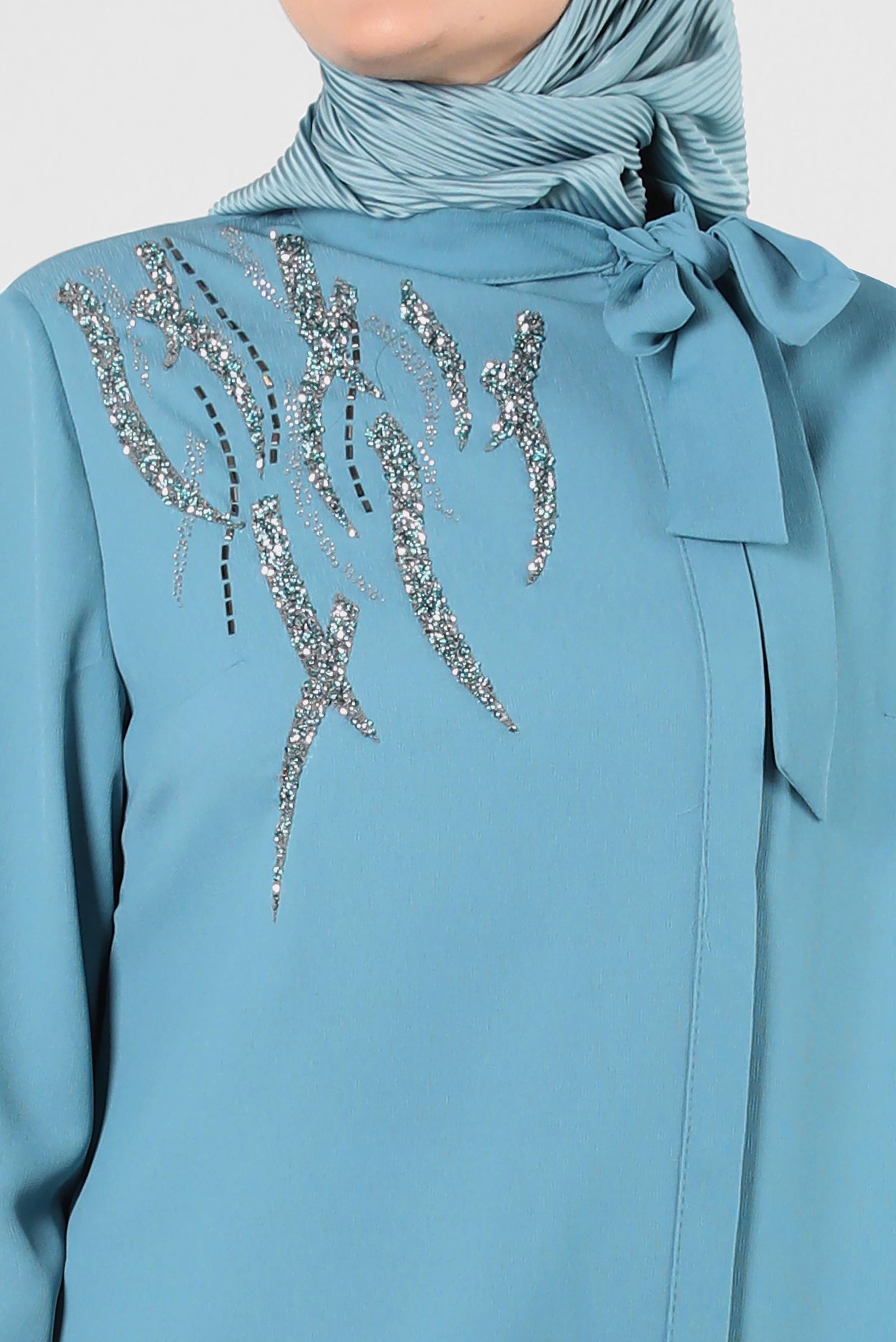 Tesettür giyim MAVİ GİZLİ DÜĞMELİ TAŞ BASKILI TUNİK 20386