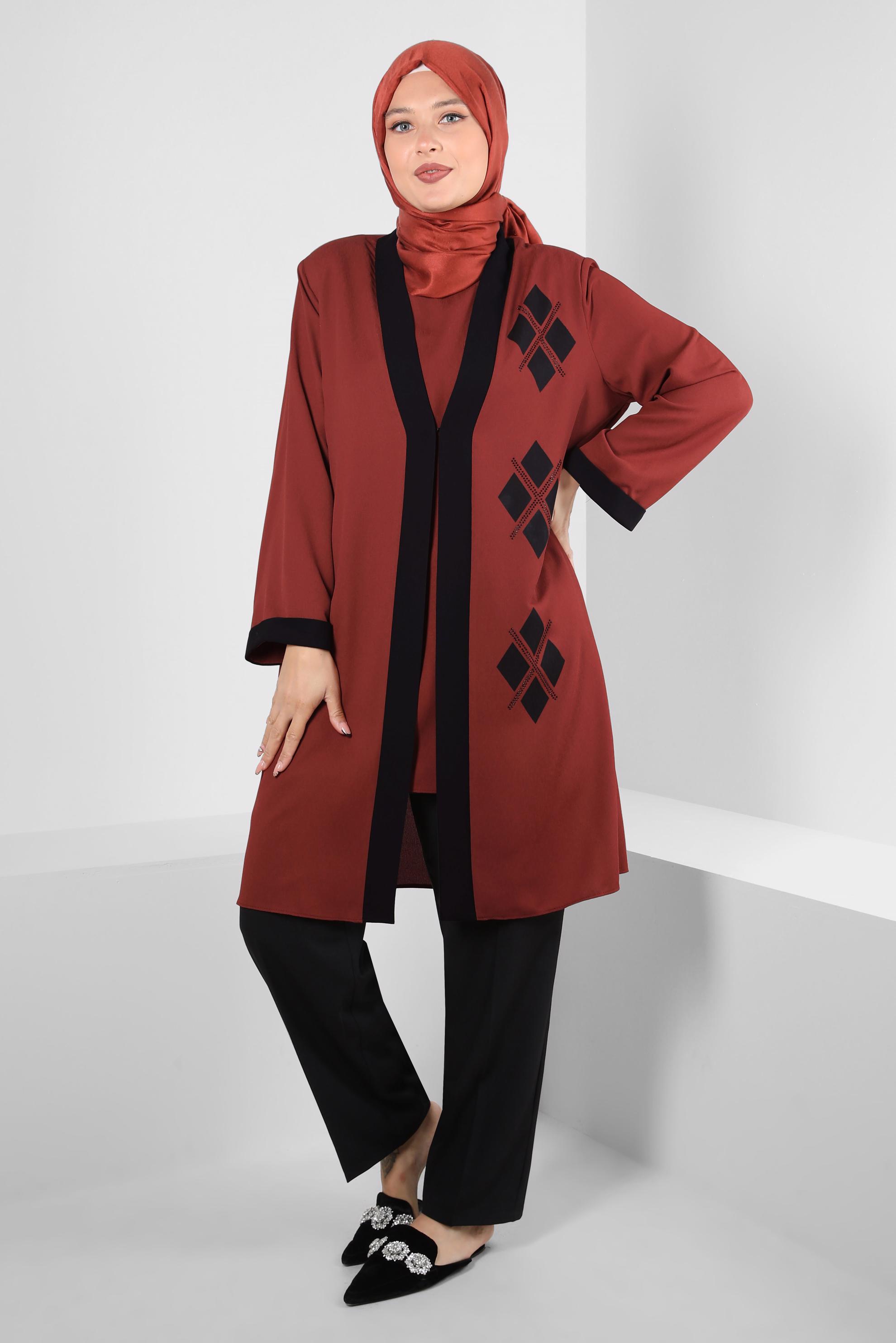 Tesettür giyim TURUNCU GEOMETRİK DESENLİ İKİLİ TUNİKLİ TAKIM 20388