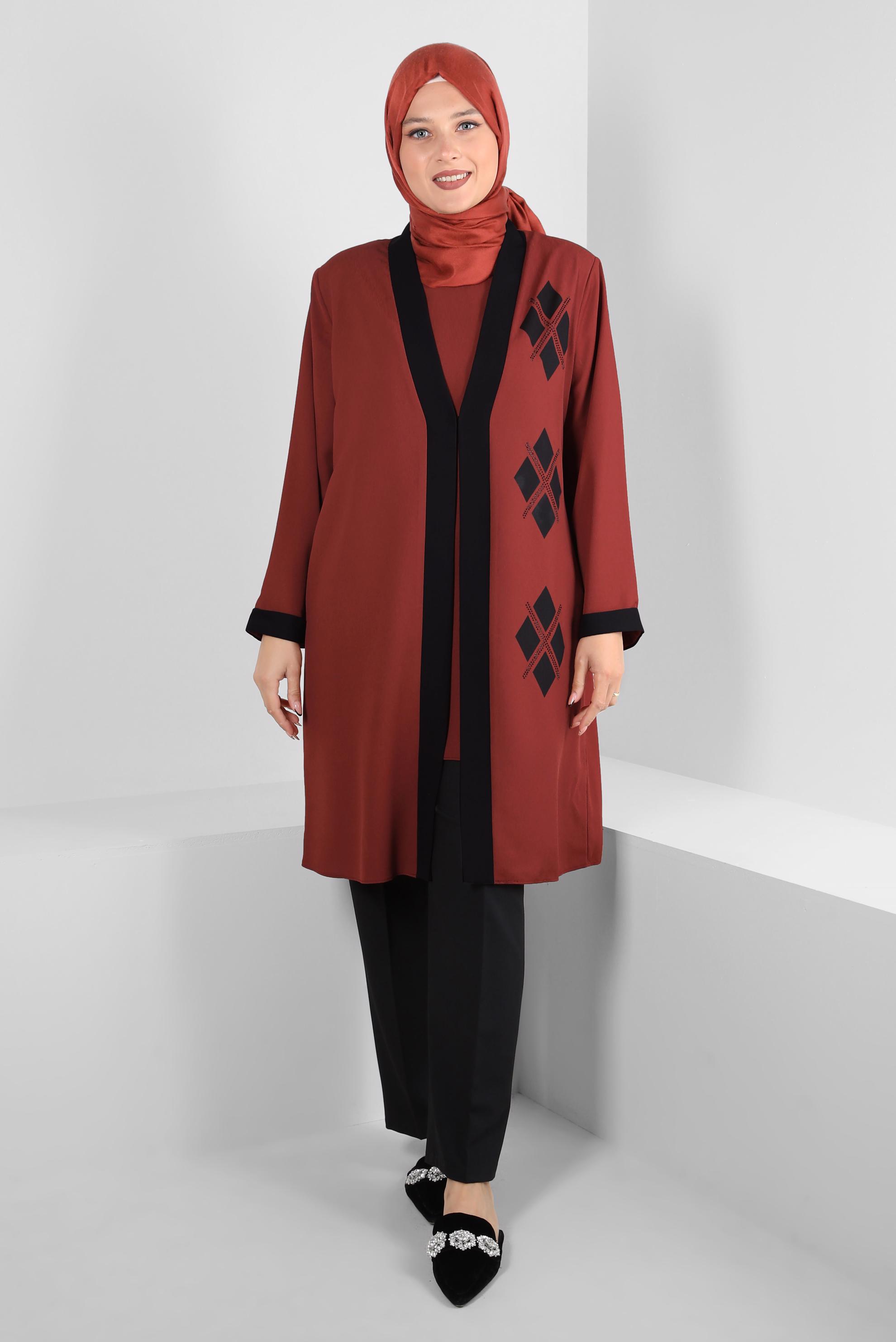 Tesettür giyim TURUNCU GEOMETRİK DESENLİ İKİLİ TUNİKLİ TAKIM 20388