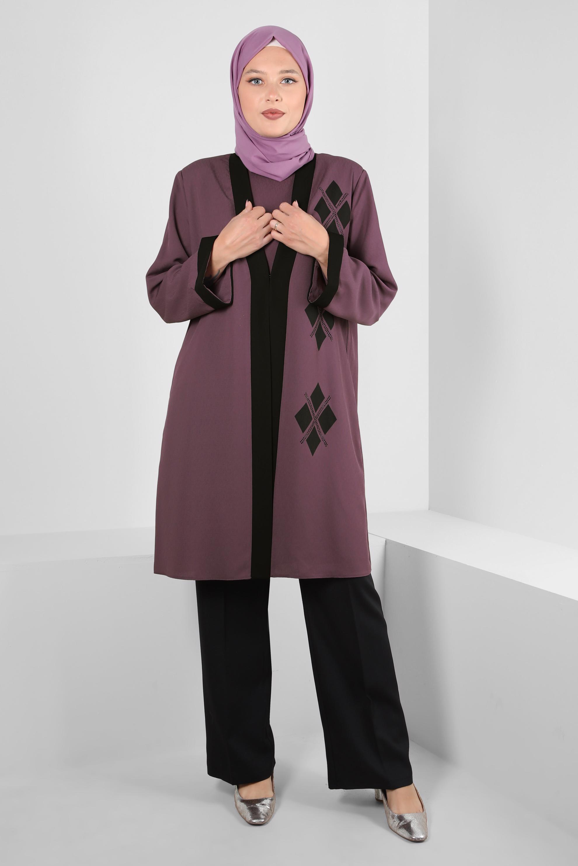 Tesettür giyim MOR GEOMETRİK DESENLİ İKİLİ TUNİKLİ TAKIM 20388