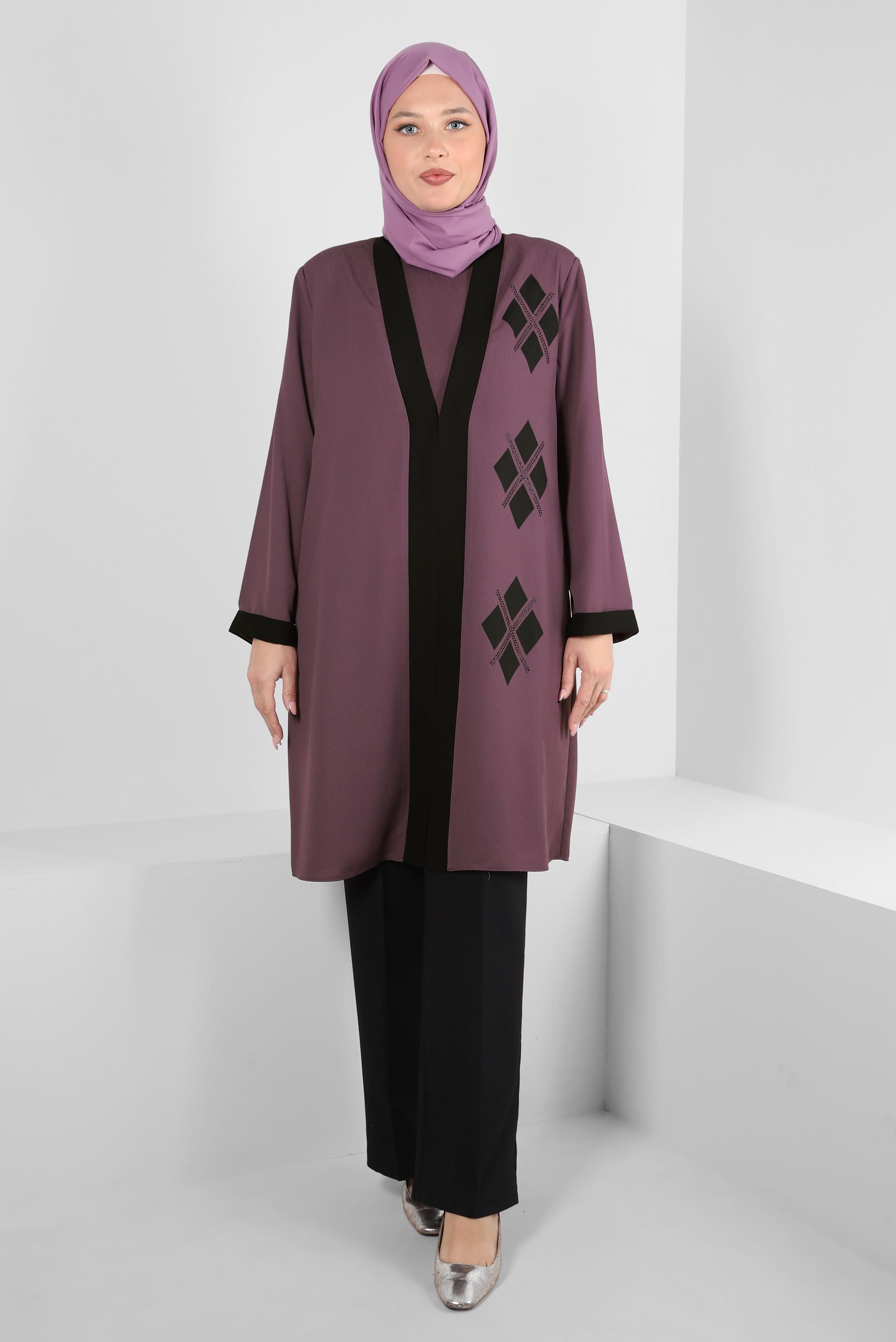Tesettür giyim MOR GEOMETRİK DESENLİ İKİLİ TUNİKLİ TAKIM 20388