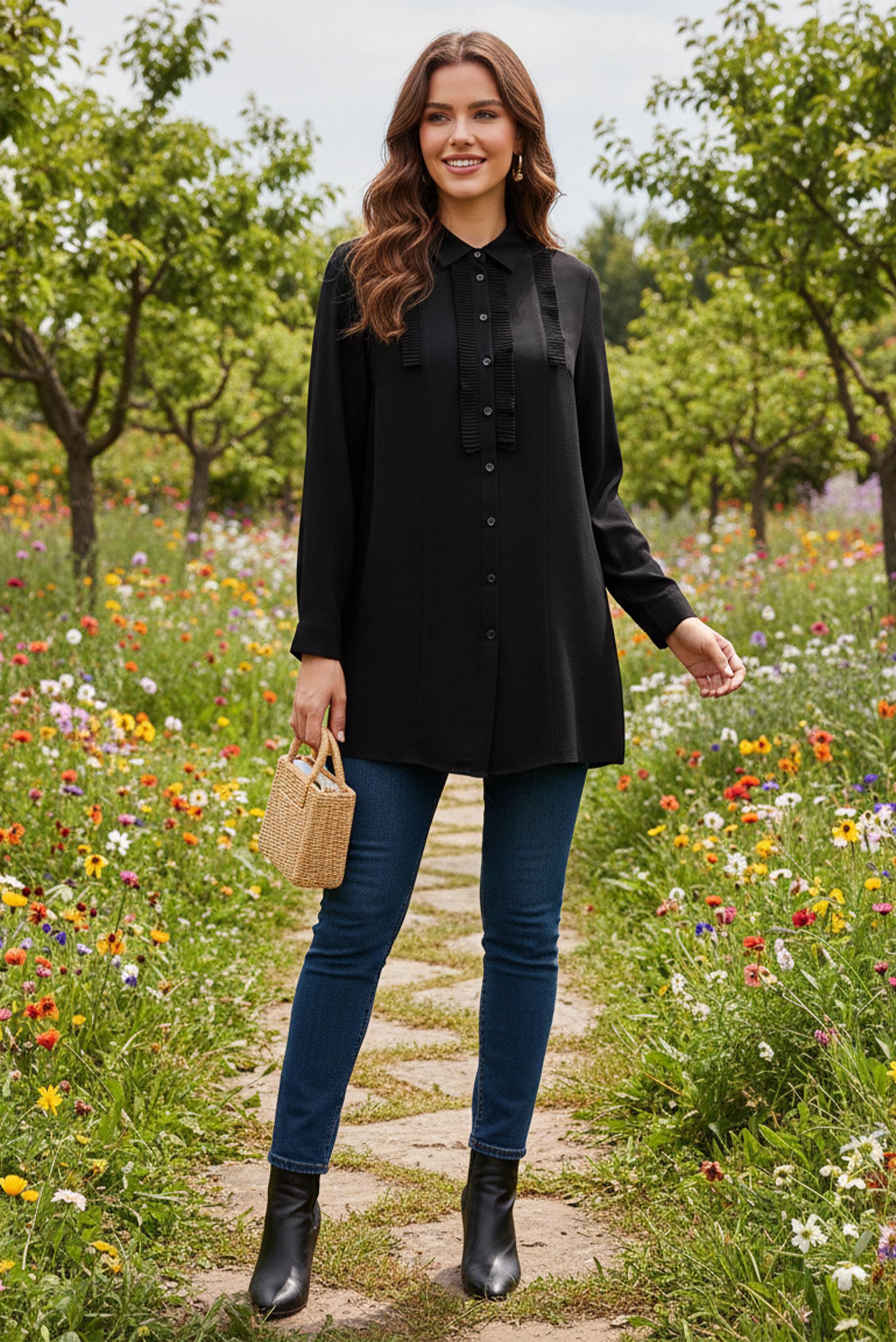 Tesettür giyim SİYAH PİLİSE DETAYLI BÜYÜK BEDEN TUNİK 20401