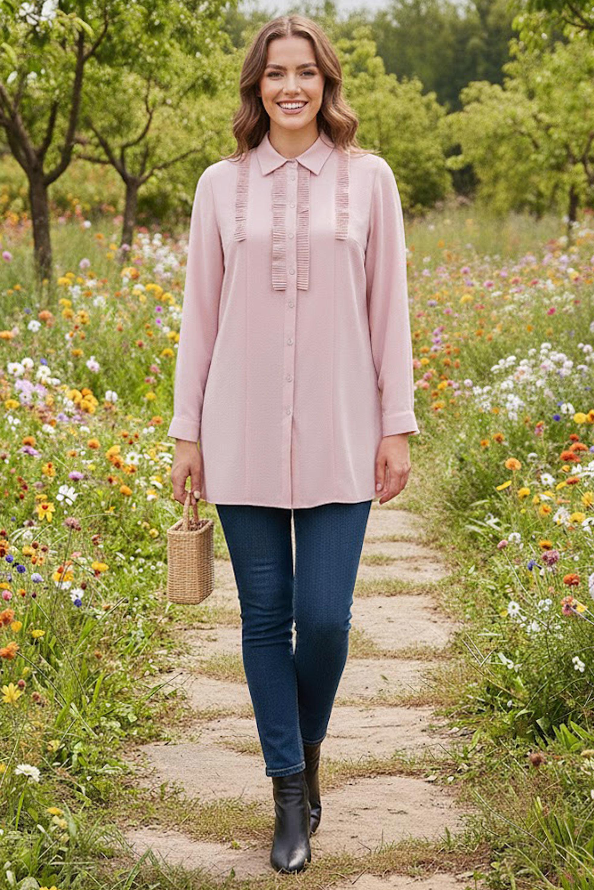 Tesettür giyim PUDRA PİLİSE DETAYLI BÜYÜK BEDEN TUNİK 20401