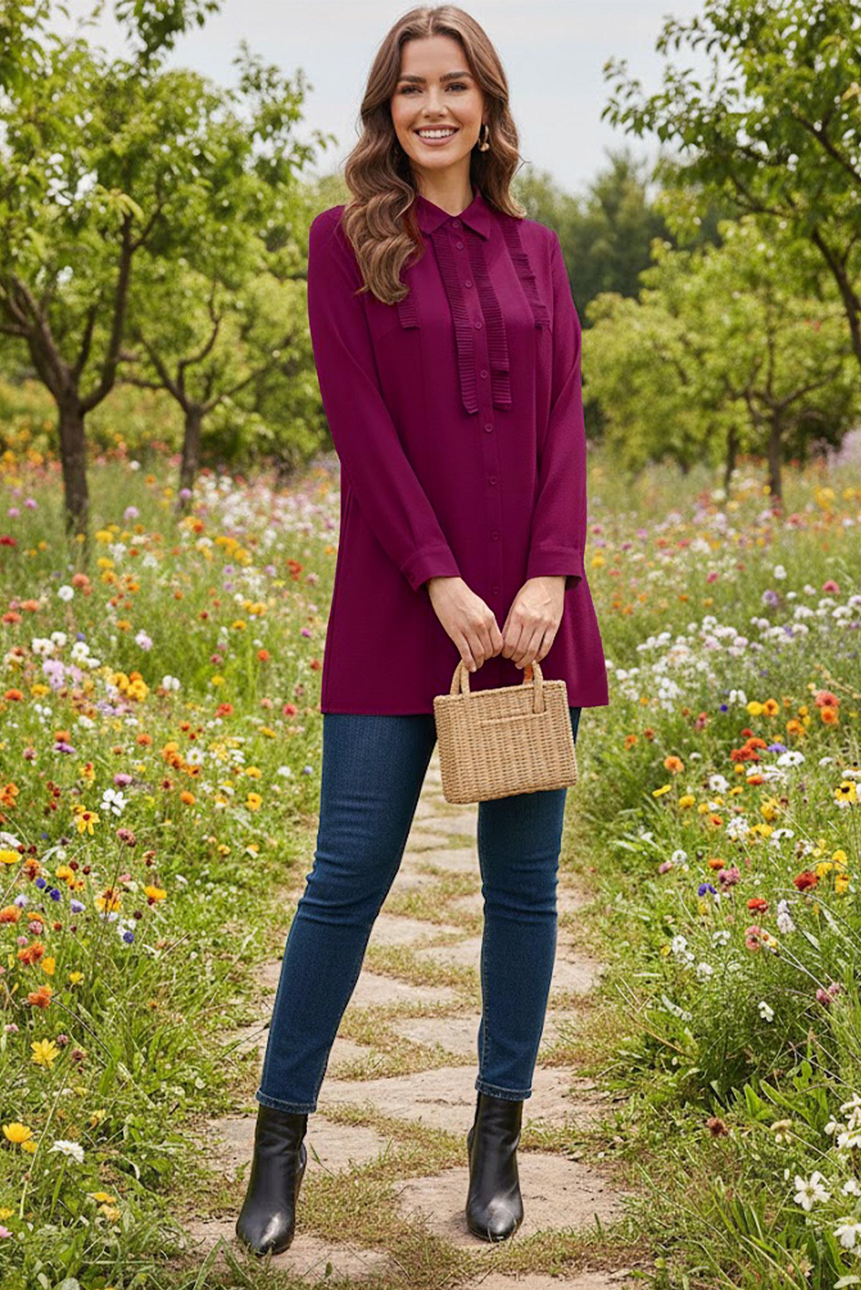 Tesettür giyim MOR PİLİSE DETAYLI BÜYÜK BEDEN TUNİK 20401