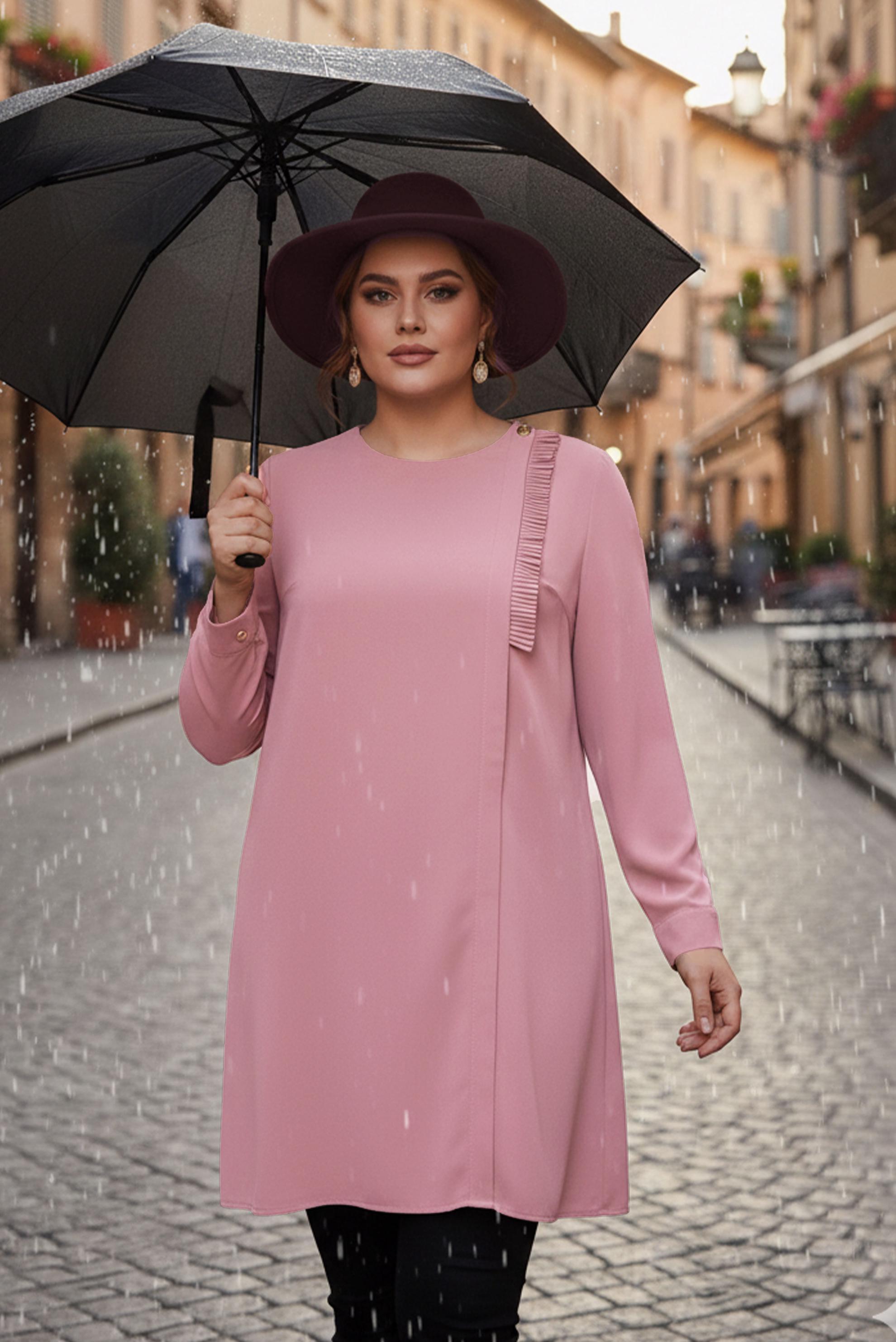 Tesettür giyim PUDRA BÜYÜK BEDEN PİLİSE DETAYLI TUNİK 20402