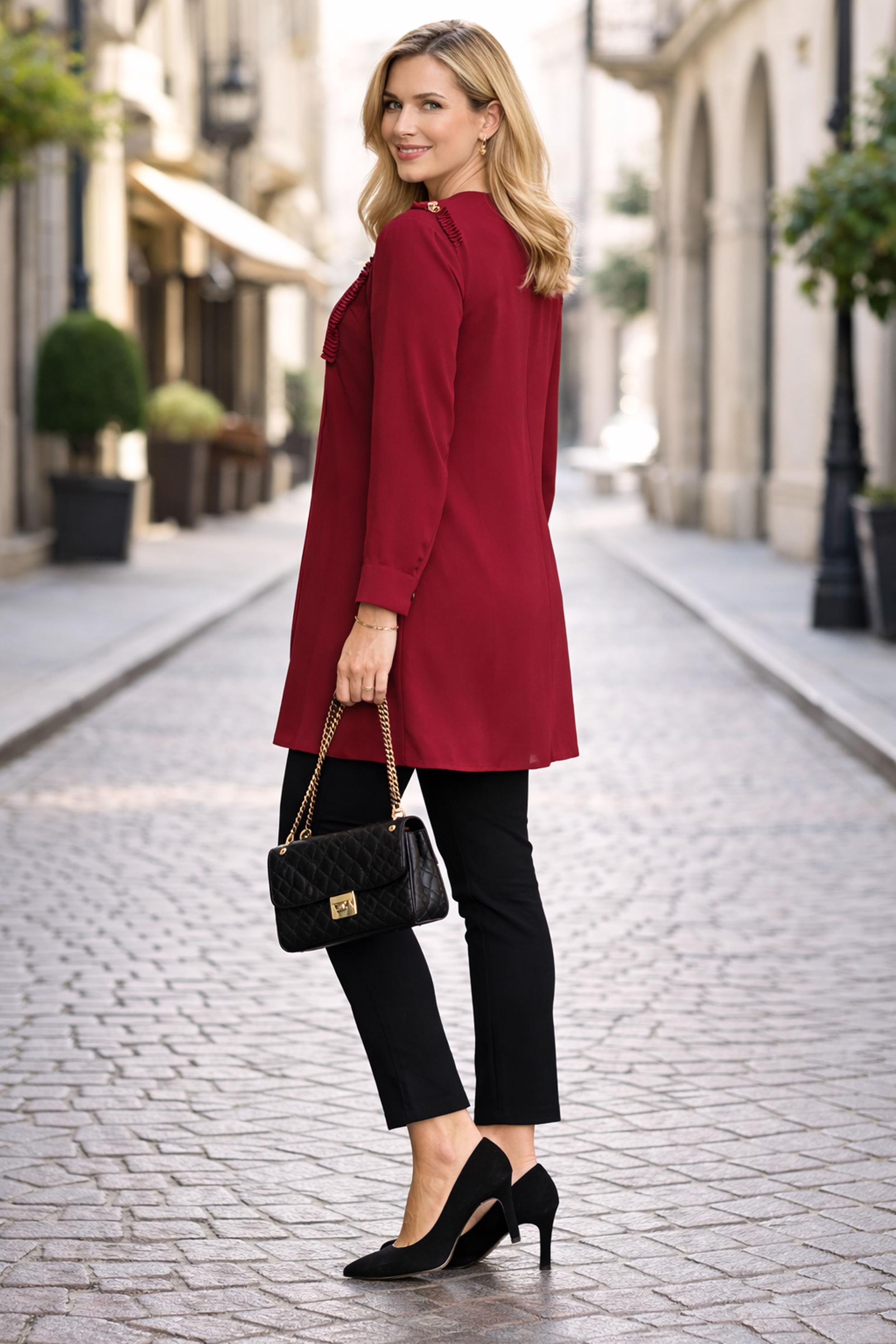 Tesettür giyim BORDO BÜYÜK BEDEN PİLİSE DETAYLI TUNİK 20402