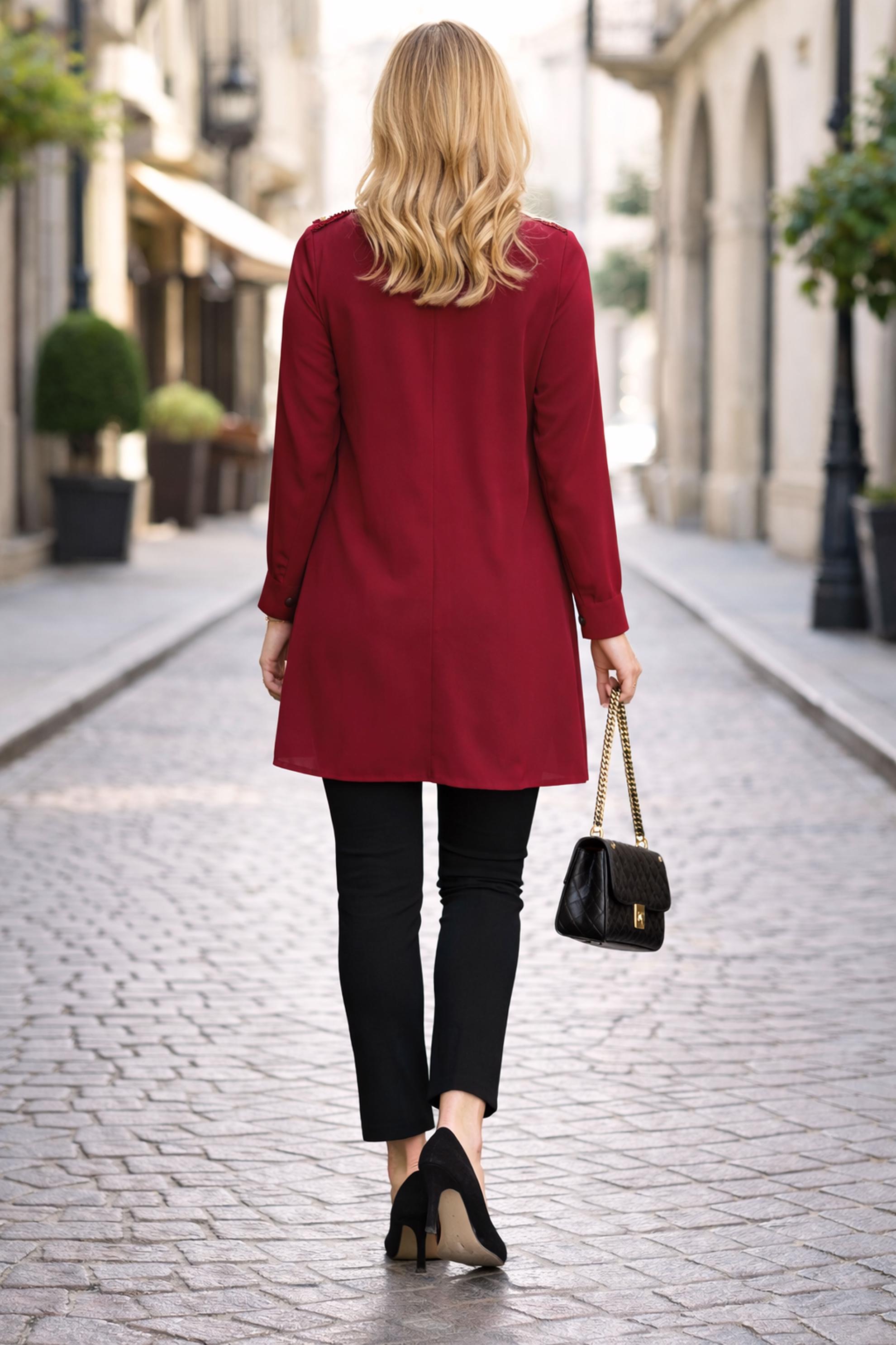 Tesettür giyim BORDO BÜYÜK BEDEN PİLİSE DETAYLI TUNİK 20402