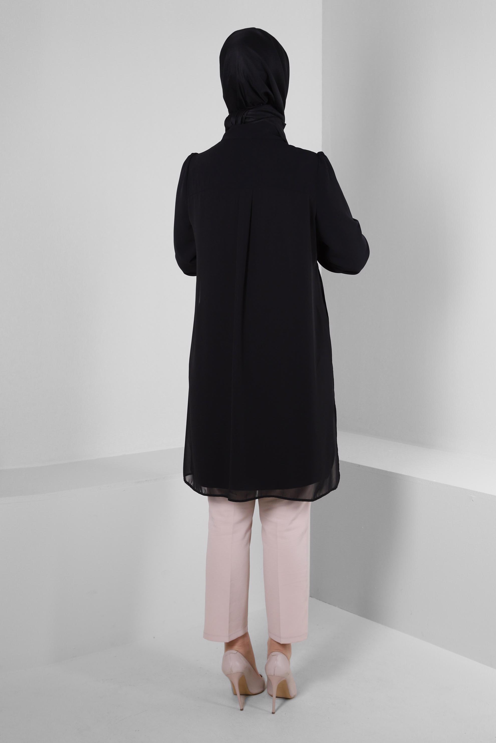 Tesettür giyim SİYAH İŞLEME DETAYLI GİZLİ DÜĞMELİ TUNİK 43500