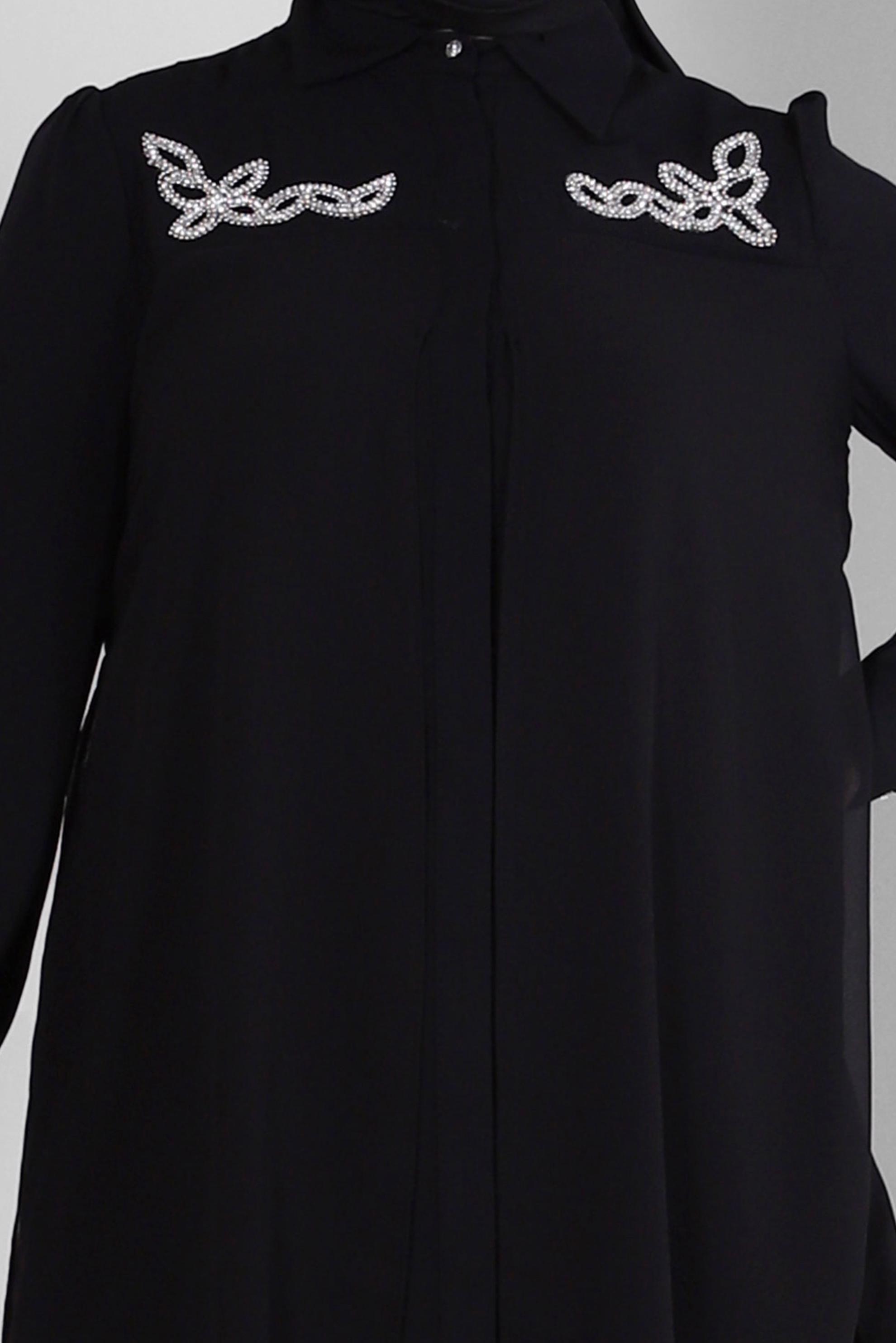 Tesettür giyim SİYAH İŞLEME DETAYLI GİZLİ DÜĞMELİ TUNİK 43500