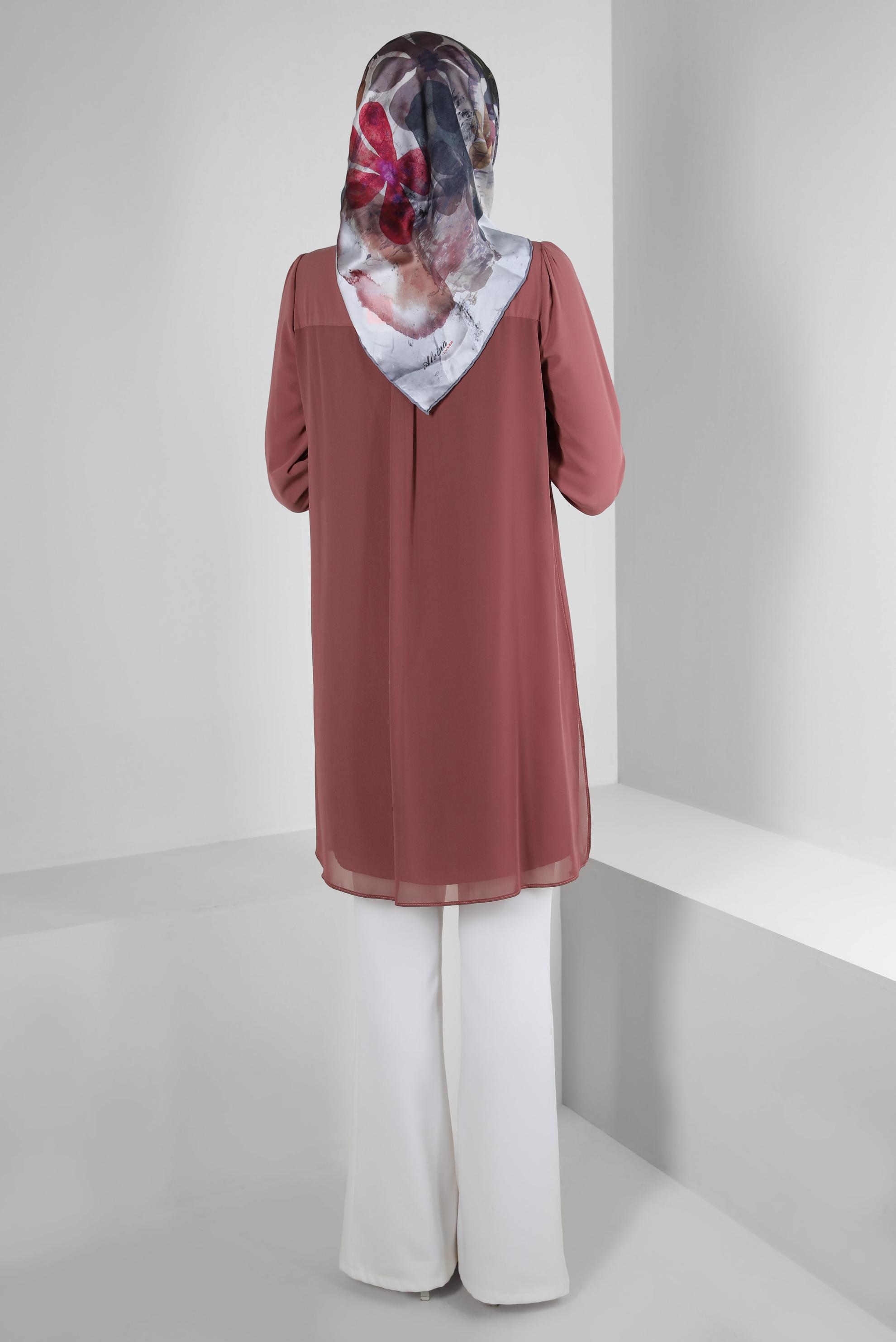 Tesettür giyim PEMBE İŞLEME DETAYLI GİZLİ DÜĞMELİ TUNİK 43500