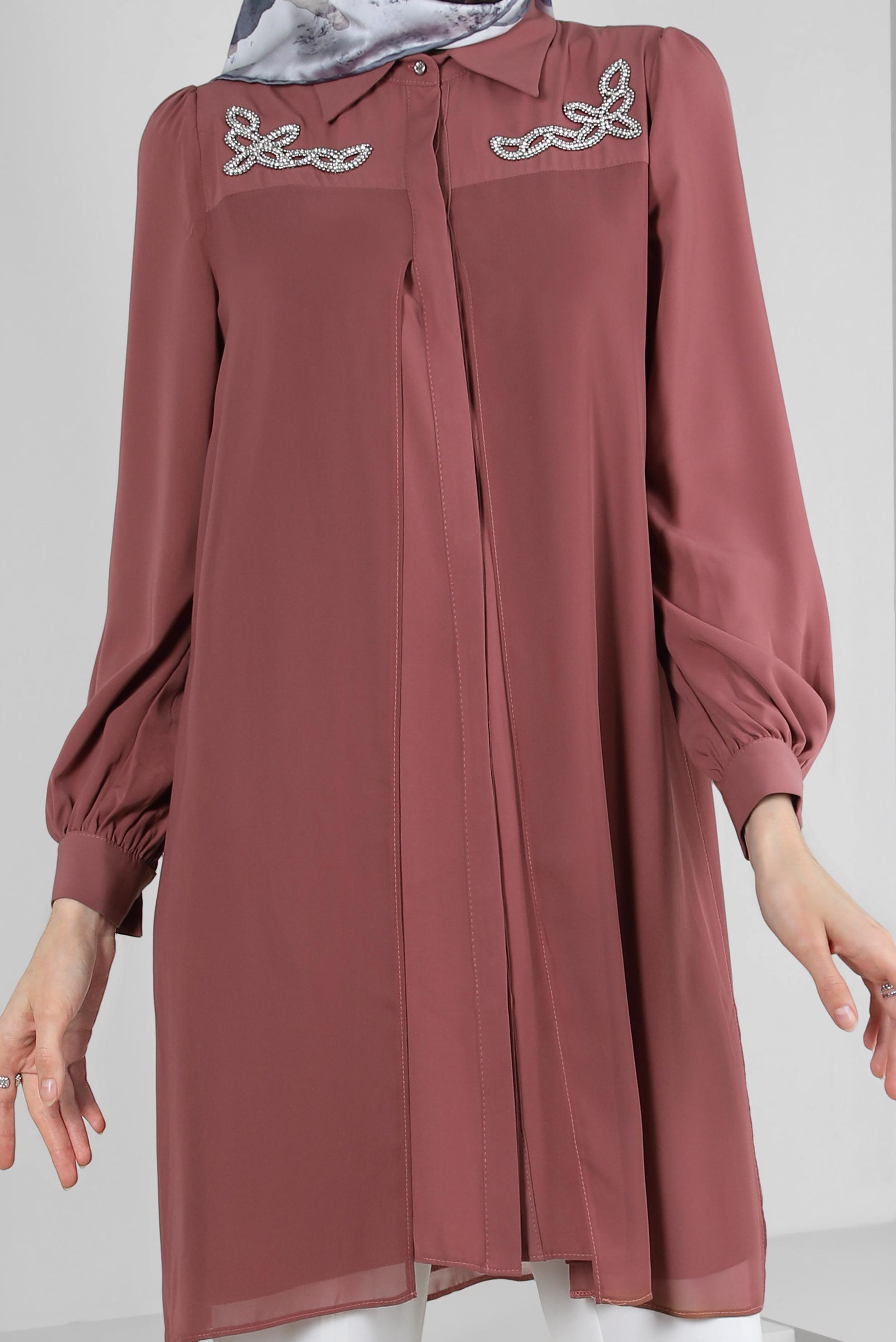 Tesettür giyim PEMBE İŞLEME DETAYLI GİZLİ DÜĞMELİ TUNİK 43500
